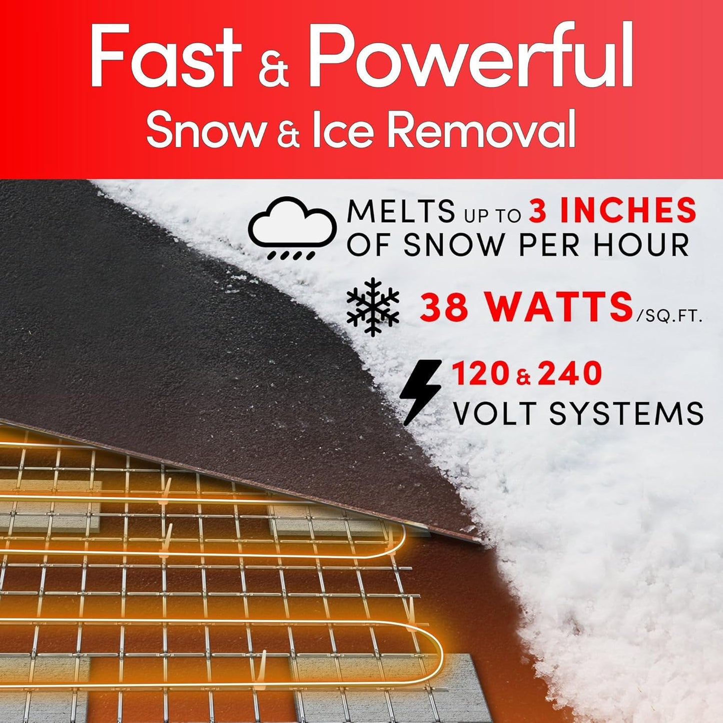 Electric Snow and Ice Melting Underground Cable 125.5 feet, Covers 41 sqft at up to 38 Watts/sqft, 120V – Radiant Heated Driveways, Walkways, Stairs – Installs Under Concrete, Asphalt, or Pavers