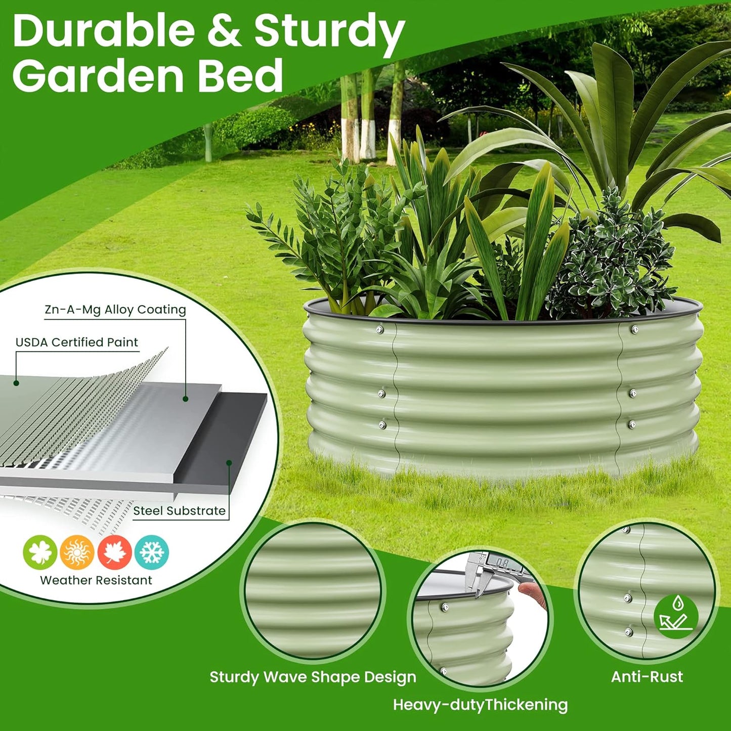 Round Raised Garden Bed Kit, 3.5x3.5x1.4Ft Outdoor Zinc-Aluminum-Magnesium Metal Flower Beds Stainless Steel Patio Ground Planter for Planting Vegetables (Light Green)