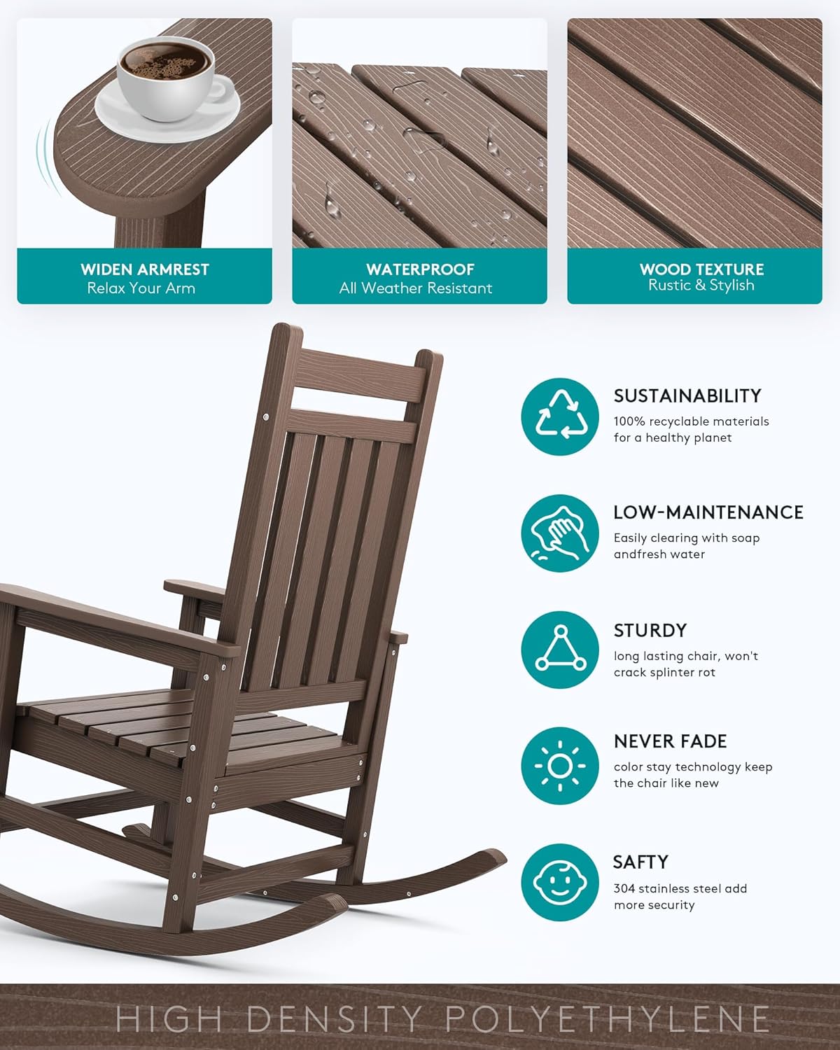 SERWALL HDPE Outdoor Rocking Chair Set of 2, Oversized Rocking Chairs, All Weather Resistant Outdoor Rockers for Lawn, Wooden