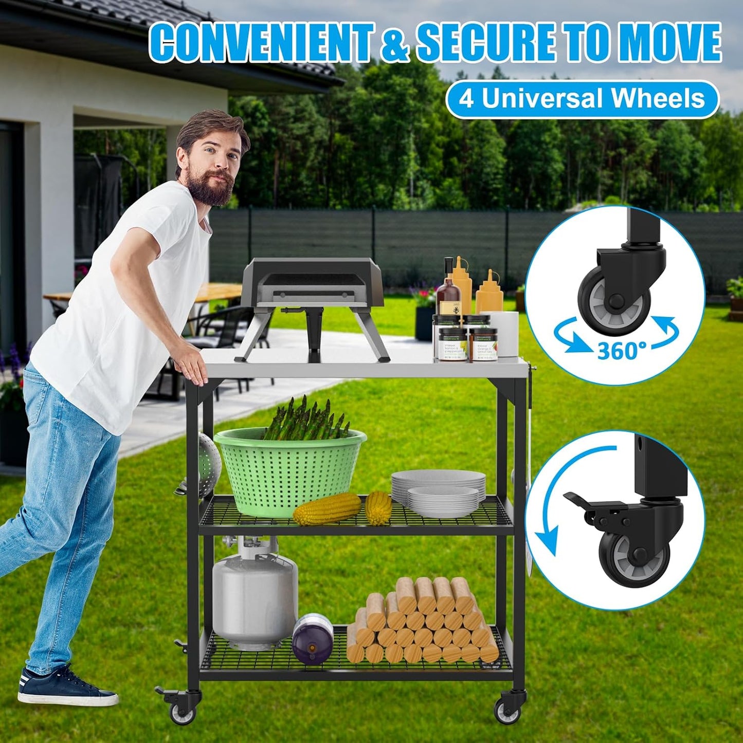 Outdoor Grill Cart 31x24x35 Pizza Oven Table for Ooni Blackstone Ninja Woodfire Flat-top Grills Stainless Steel Trolley Three-Shelf Movable Food Prep and Work Stand Table with Waterproof Cover