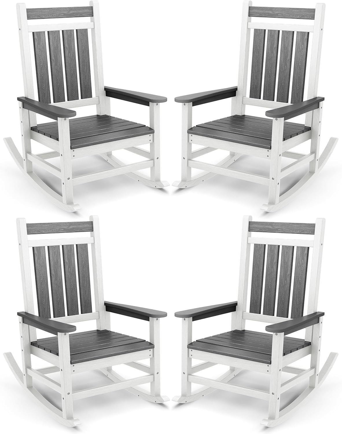 SERWALL Outdoor Rocking Chair Set of 4, HDPE Rocking Chairs for Adult, All Weather Porch Rockers for Lawn Garden, Gray & White