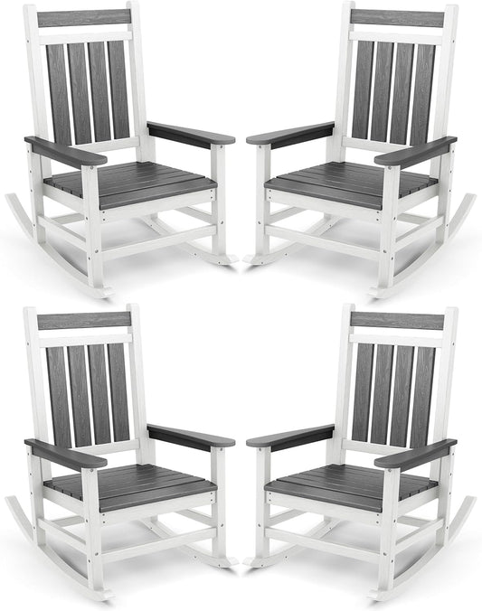 SERWALL Outdoor Rocking Chair Set of 4, HDPE Rocking Chairs for Adult, All Weather Porch Rockers for Lawn Garden, Gray & White