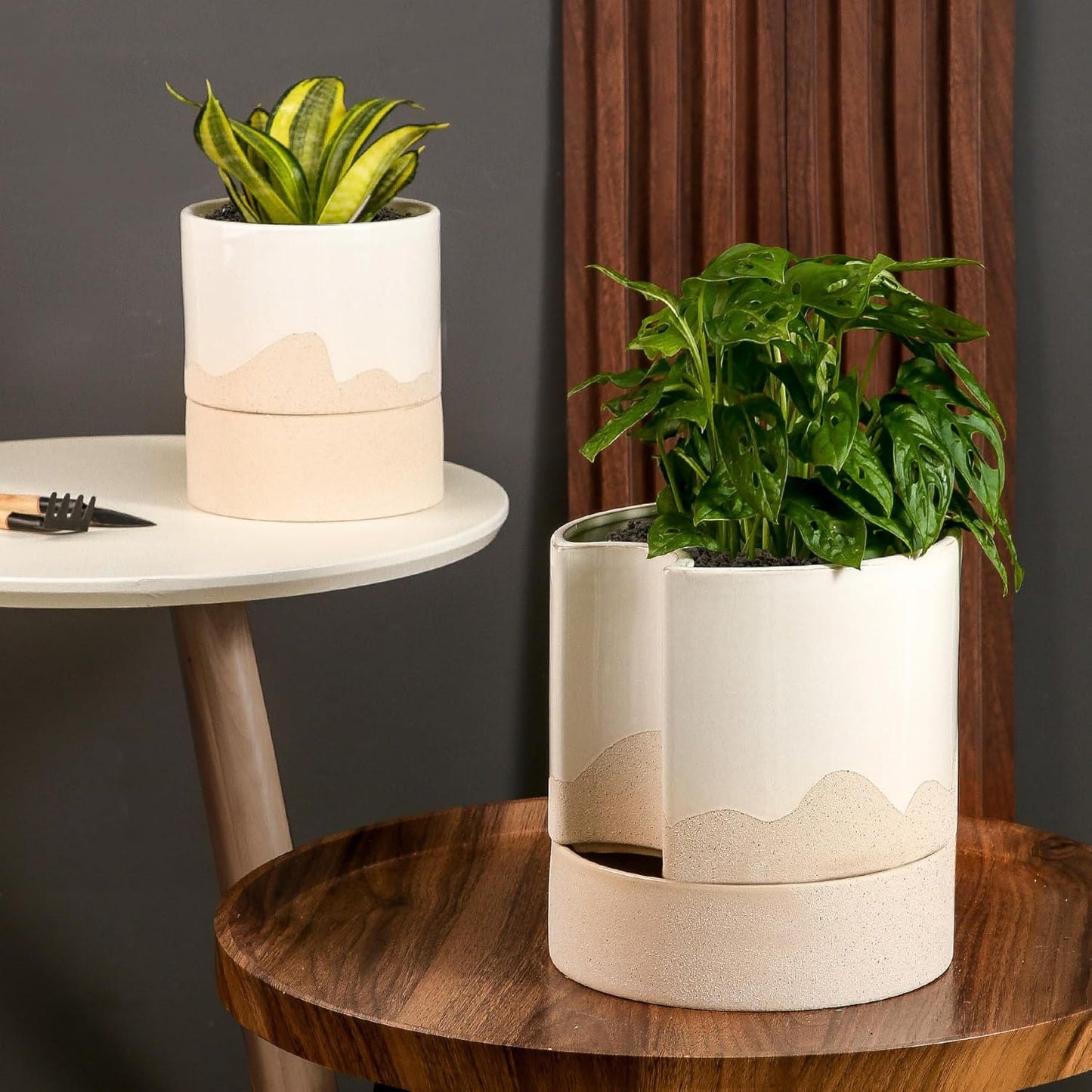 Nihow Self Watering Plant Pot: 8 Inch Ceramic Planter with Drainage Hole & Water Storage Plus for Indoor & Outdoor Plants - Cylinder Round Flower Pot for Succulent/Herbs/Violets - White & Wave Nature