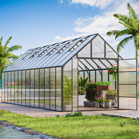 CDCASA 28x10x10 FT Greenhouse for Outdoors, Easy Assembly Large Thicker Aluminum Heavy Duty Polycarbonate Greenhouses Kit w/6 Windows, Outside Sunroom Walk-in Green House for Patio,Backyard