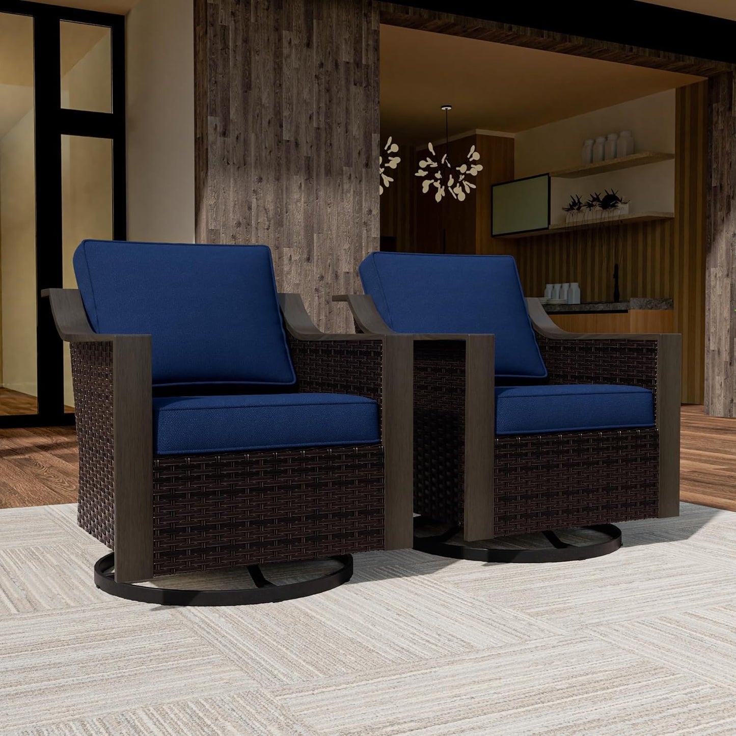 Outdoor Wicker Swivel Chair Set of 2, All-Weather Use Patio Rattan Chair with Removable Water-Resistant Cushion, Ideal for Porch, Backyard, Balcony, Poolside, Blue