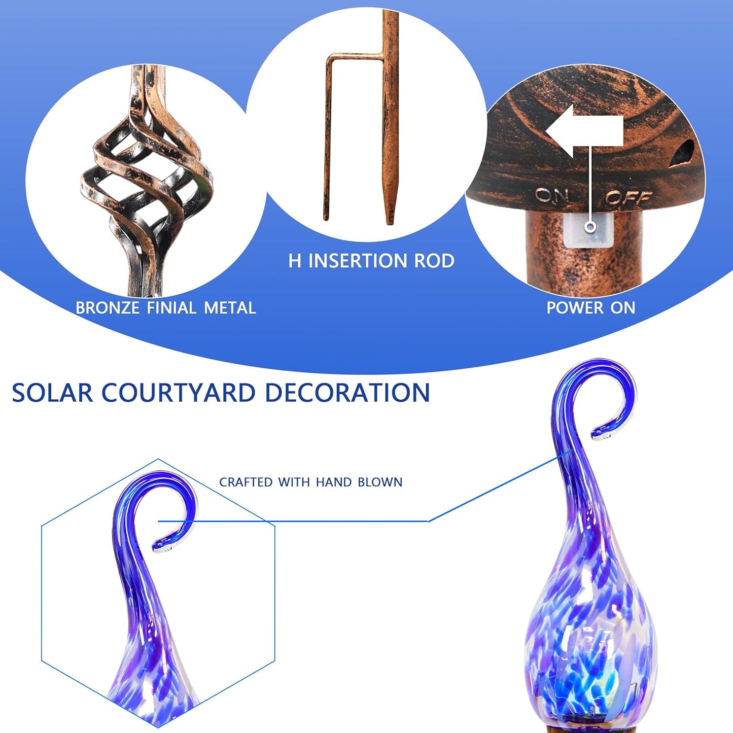 Garden Solar Lights Outdoor, Decorative LED Pearlized Glass Spiral Garden Stake with Finial, Hand Blown Glass and Metal Outdoor Decoration, 3 x 36 Inch (Dark Blue)