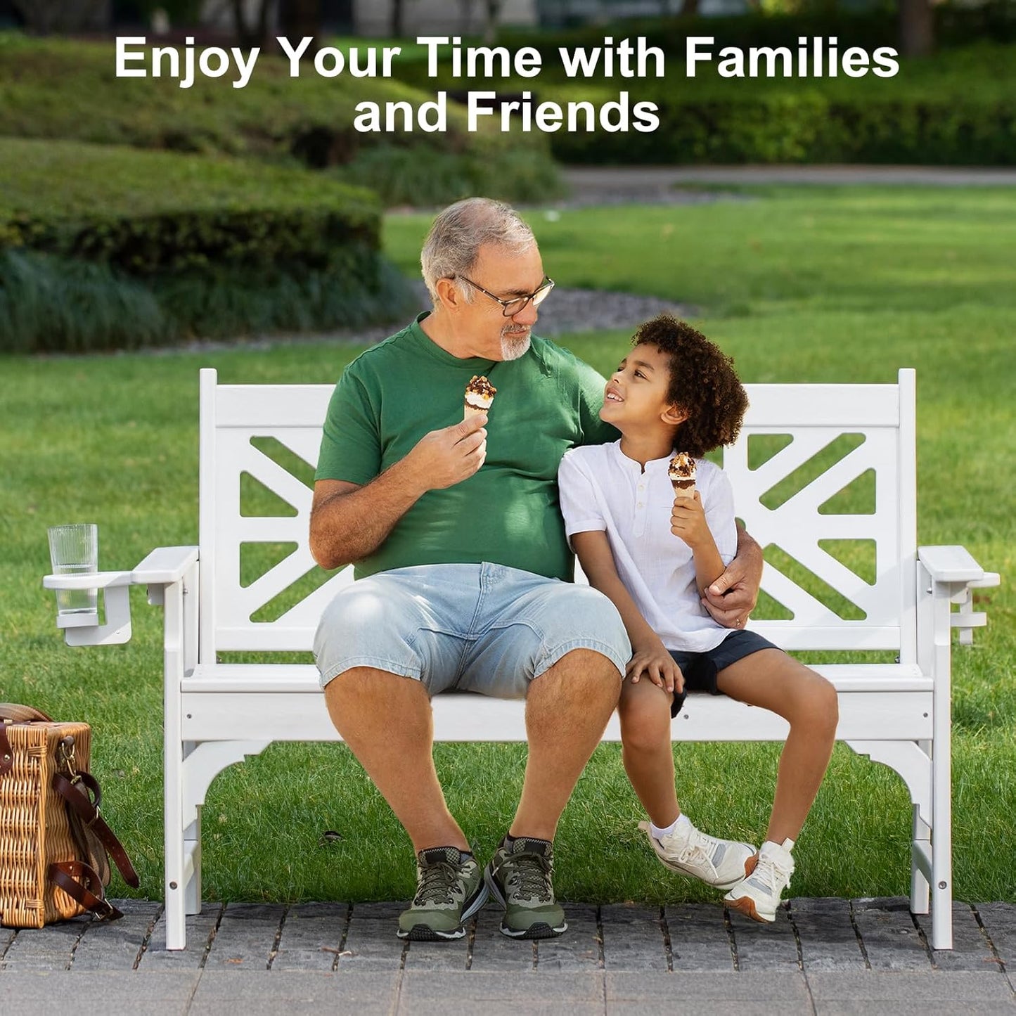 Oversized Outdoor Bench with Cup Holders, 51.5” HDPE Aesthetic Garden Bench for 2 Person, Memorial Benches - Easy Assembly & All Weather, for Porch & Patio, 800lbs Load Capacity (White, 1pc)