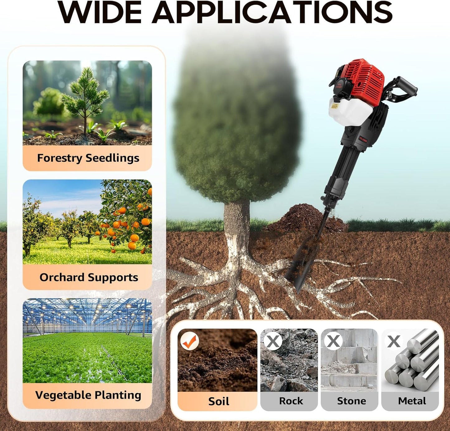 52cc Gas Power Shovel, 1900W Trench Digger, 2-Stroke Tree Root Remover, Efficient Garden Tool for Root Removal for Tree Root Removal and Transplanting