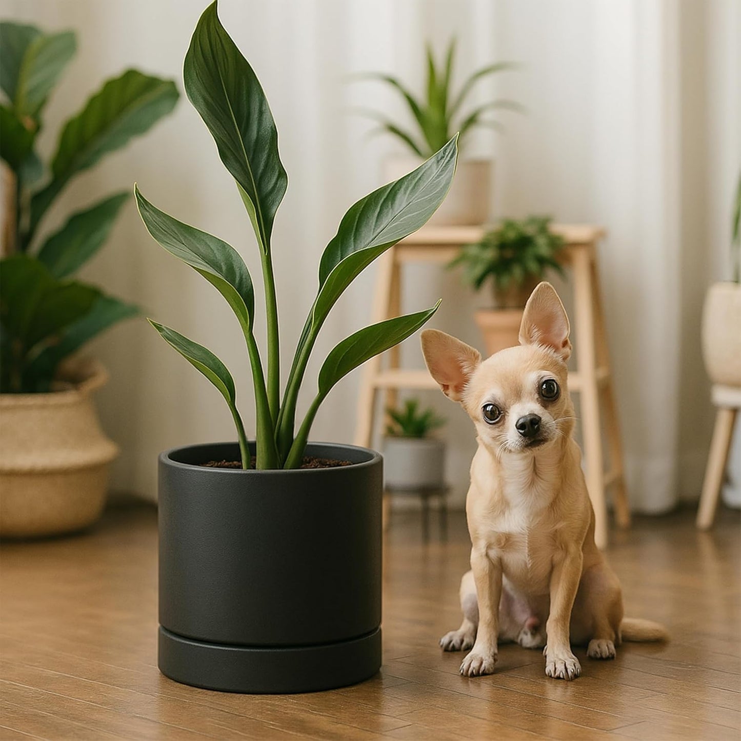 Phoenix Vine 6 Inch Planter Pot with Drainage Hole & Saucer, Deep Water Catch Tray, Straight Cylindrical Round Pot for Plants, Matte Black, Pack of 2, 23-C-S-2