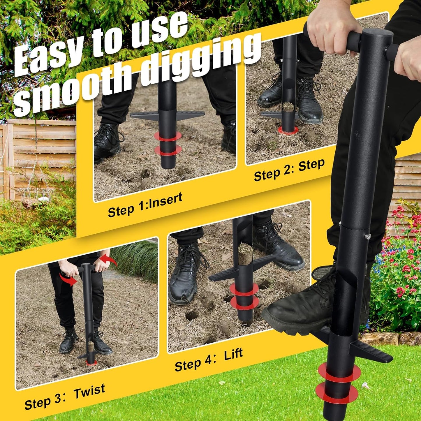 Bulb Planter Tool - 34" Long Handle Sod Plugger Lawn Plug Digger,Auto Plug Eject,Heavy Duty Garden Plant Hole Cutter for Grass,Tulip,Soil Transplant Plugging,Turf Repair Remover for Yard -Black
