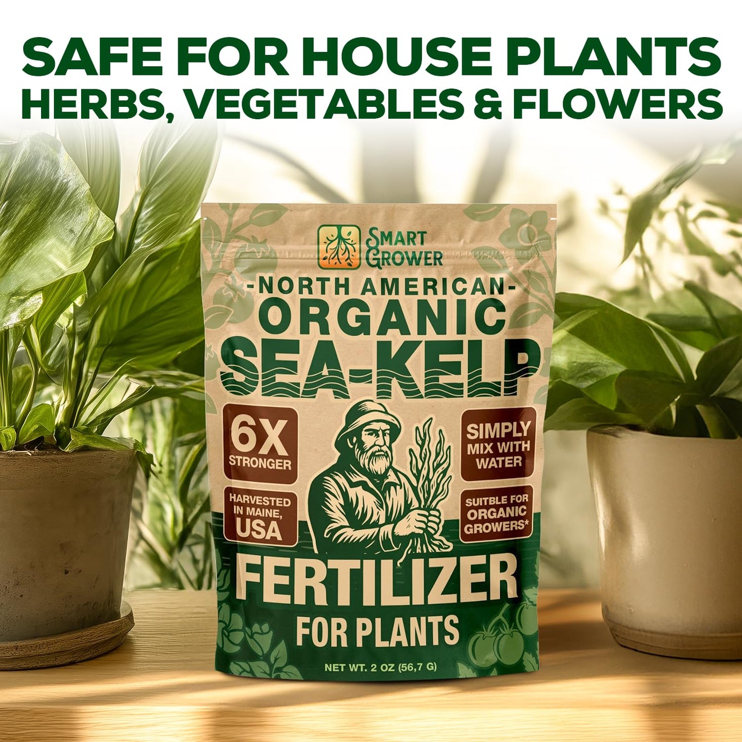 Organic Sea Kelp Fertilizer for Plants – Water-Soluble – Makes 50 Gallons – Kelp Meal Concentrate Plant Food – for Indoor Gardens, Hydroponics, Vegetables, Houseplants - Smart Grower - 2oz Bag