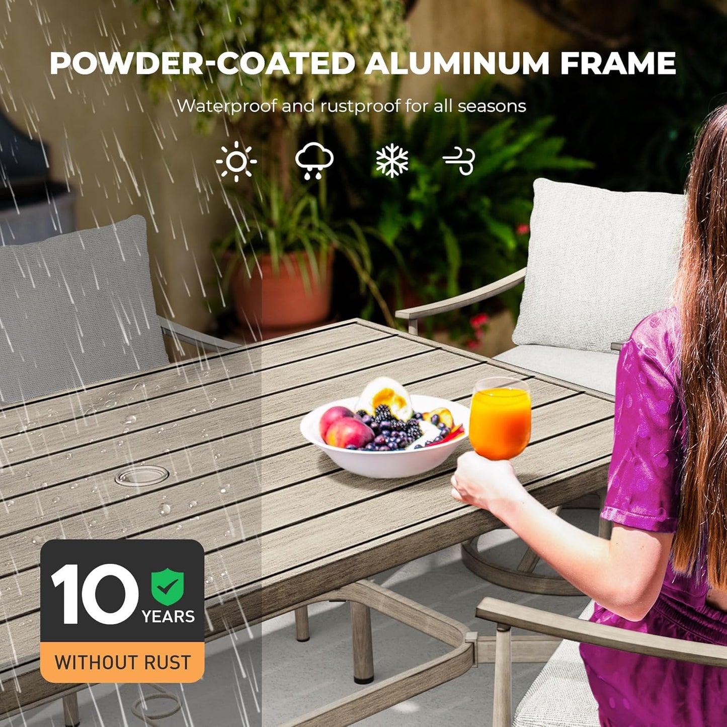 HAPPATIO Patio Table for 6, Large Modern Rectangle Outdoor Dining Table with Umbrella Hole and Adjustable Feet, All Weather Aluminum Patio Table for Garden, Backyard and Poolside, Grey