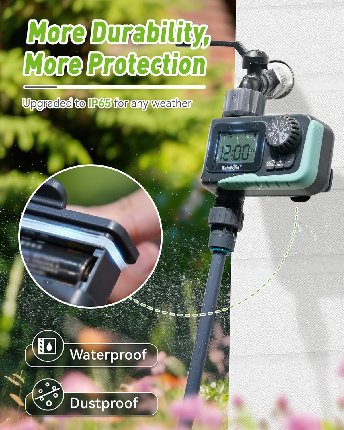 RAINPOINT Sprinkler Timer Outdoor, Water Timer for Garden Hose, Programmable Watering Irrigation Timer with Rain Delay/Manual, V2, 2024 Release(Plastic)