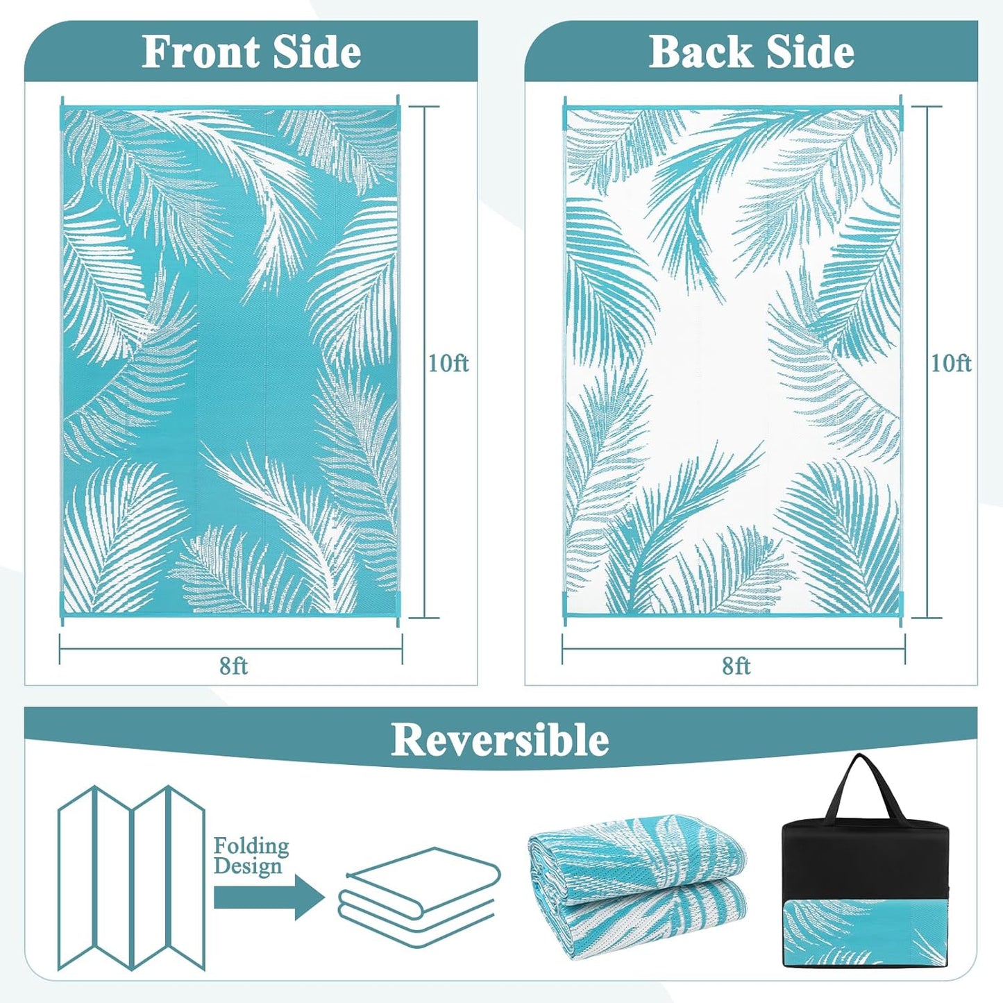 Pauwer Waterproof Outdoor Rug 8x10, Reversible Plastic Straw Patio Camping Rug, Indoor Outdoor RV Mat Carpet for Deck, Camper, Porch, Balcony, Backyard, Picnic, Leaf Teal