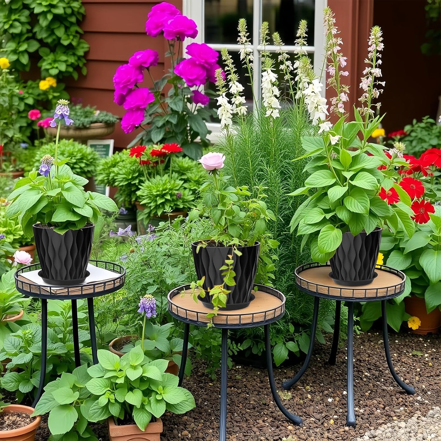 10 Pack 5 Inch Plant Pots with Drainage and Saucers, Black Plastic Flower Pots for Indoor and Outdoor Plants, Stackable Nursery Planters for Houseplants and Herbs, Black