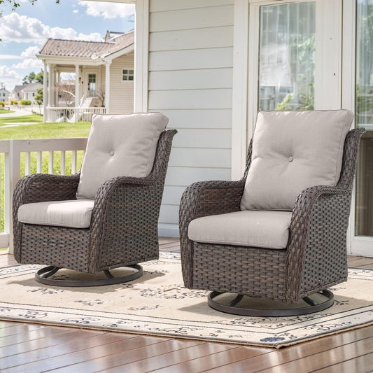 Outdoor Swivel Rcoker Patio Chairs - Outdoor Swivel Patio Chairs Set of 2 Wicker Chair Patio Furniture Sets with Covered Cushion for Porch Deck Balcony Garden, Beige
