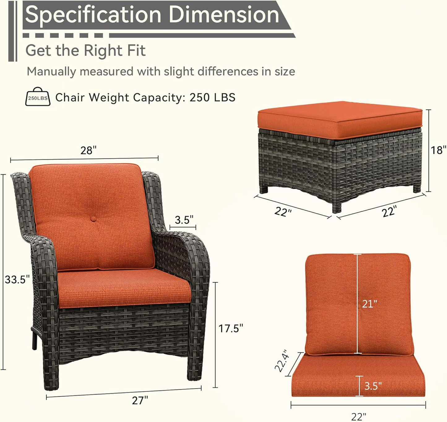 4 Pieces Patio Conversation Set, Wicker Chairs Set of 2 and Two Ottomans with 3.5-inch Seat Cushions, High Back and Curved Armrest for Backyard, Balcony and Deck, Orange