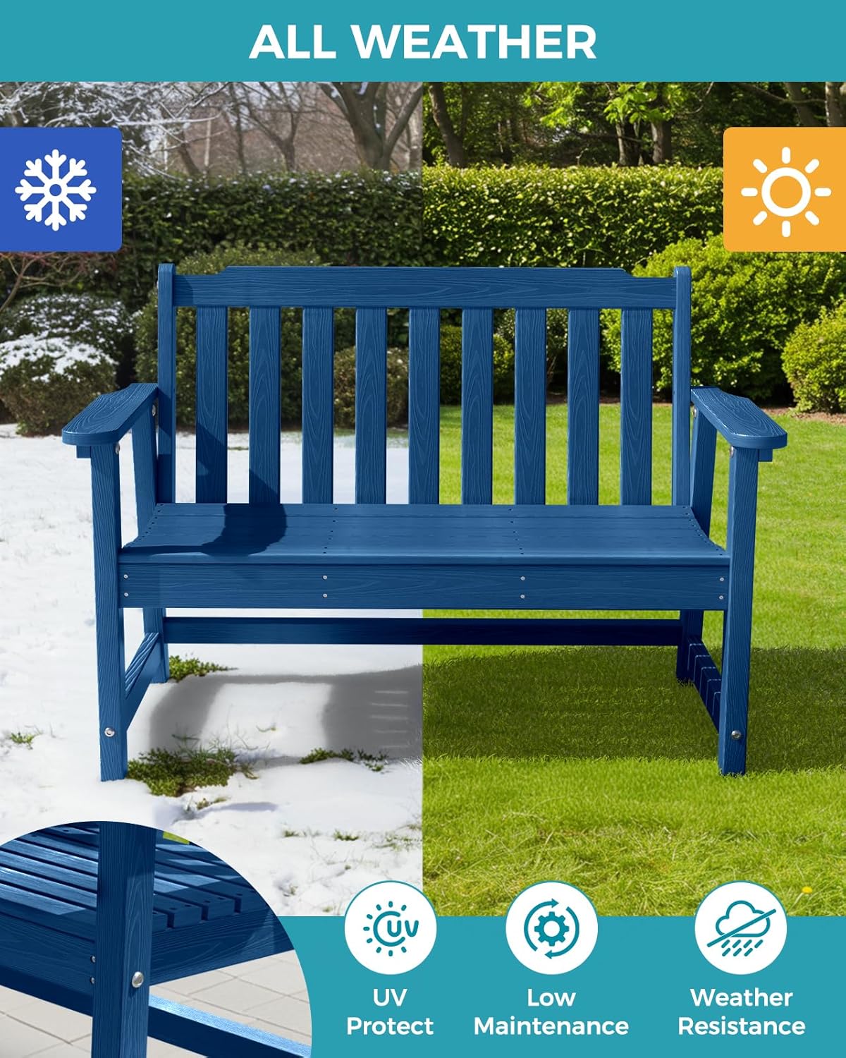 Outdoor Bench, 2-Person HDPE Garden Bench, All Weather Poly Patio Bench for Outdoors, Garden, Backyard, Porch and Park, 660 lbs Weight Capacity, Navy Blue
