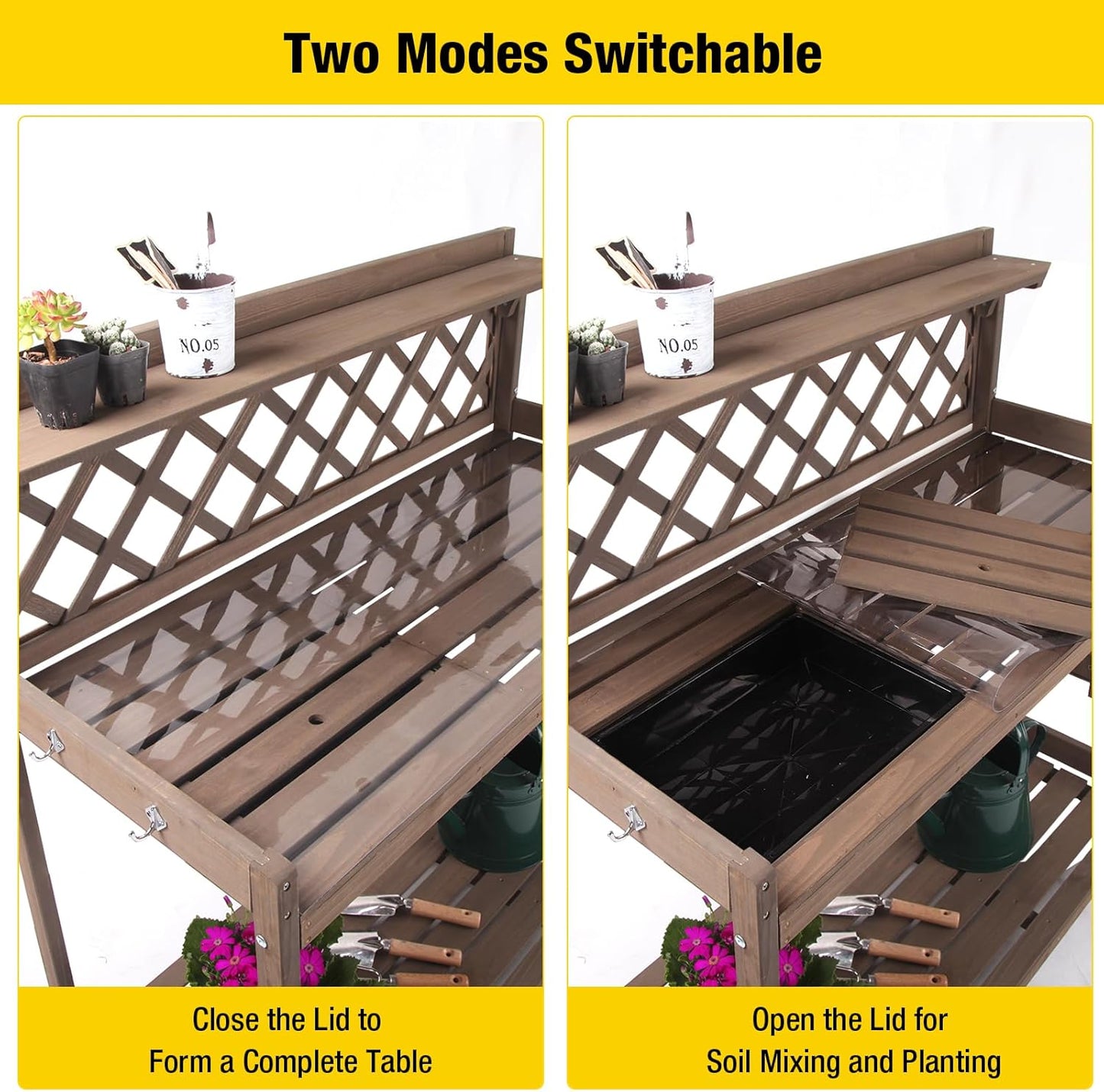 Aivituvin Potting Bench Outdoor with PVC Layer Wooden Planting Table with Sink & Lid Gardening Work Bench with Drawer, Shelf, Hook