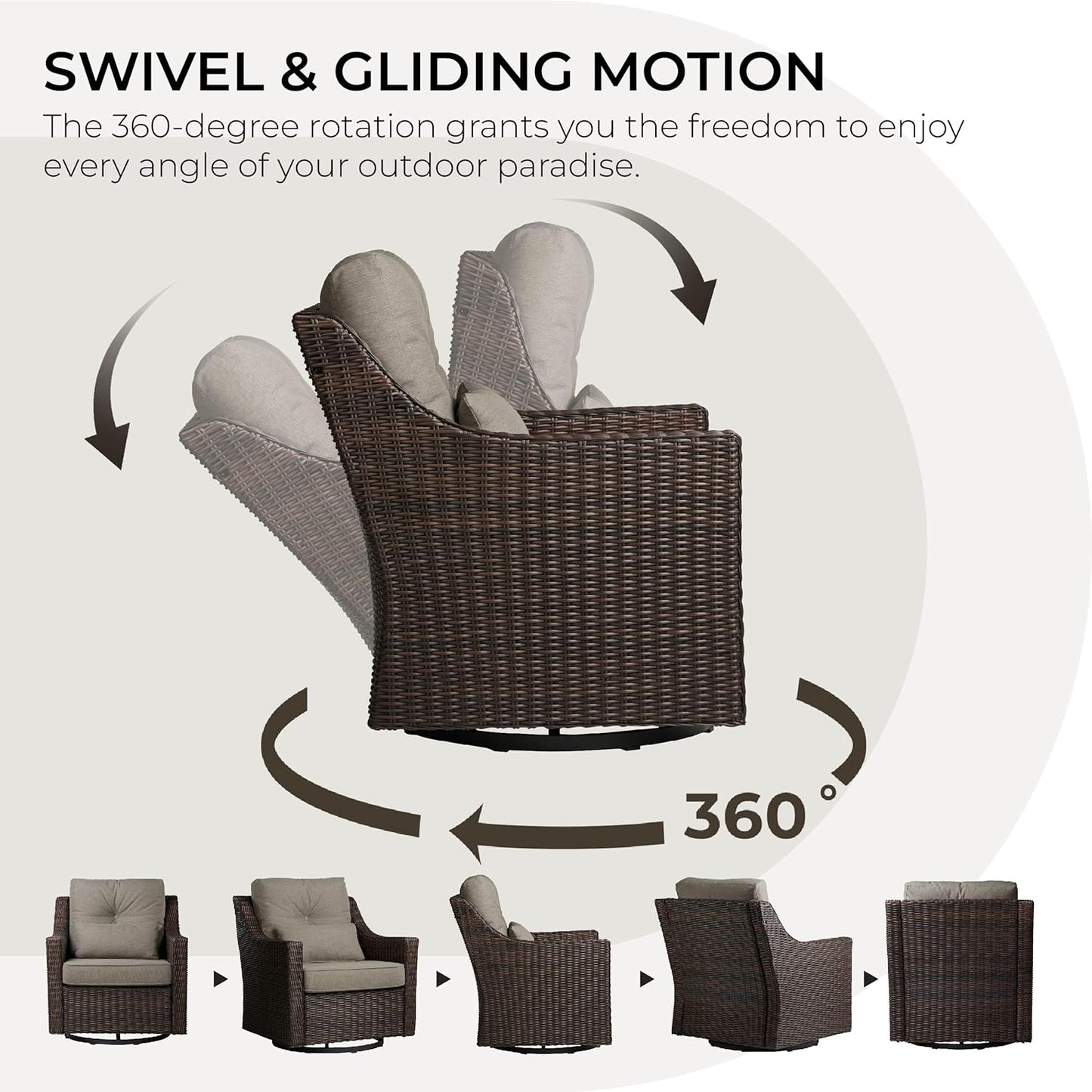 CHITA 3 Pieces Wicker Patio Bistro Set, Outdoor Furniture Set with 2 Pieces Rattan Rocking Swivel Chairs, Thickened Cushions and Side Table