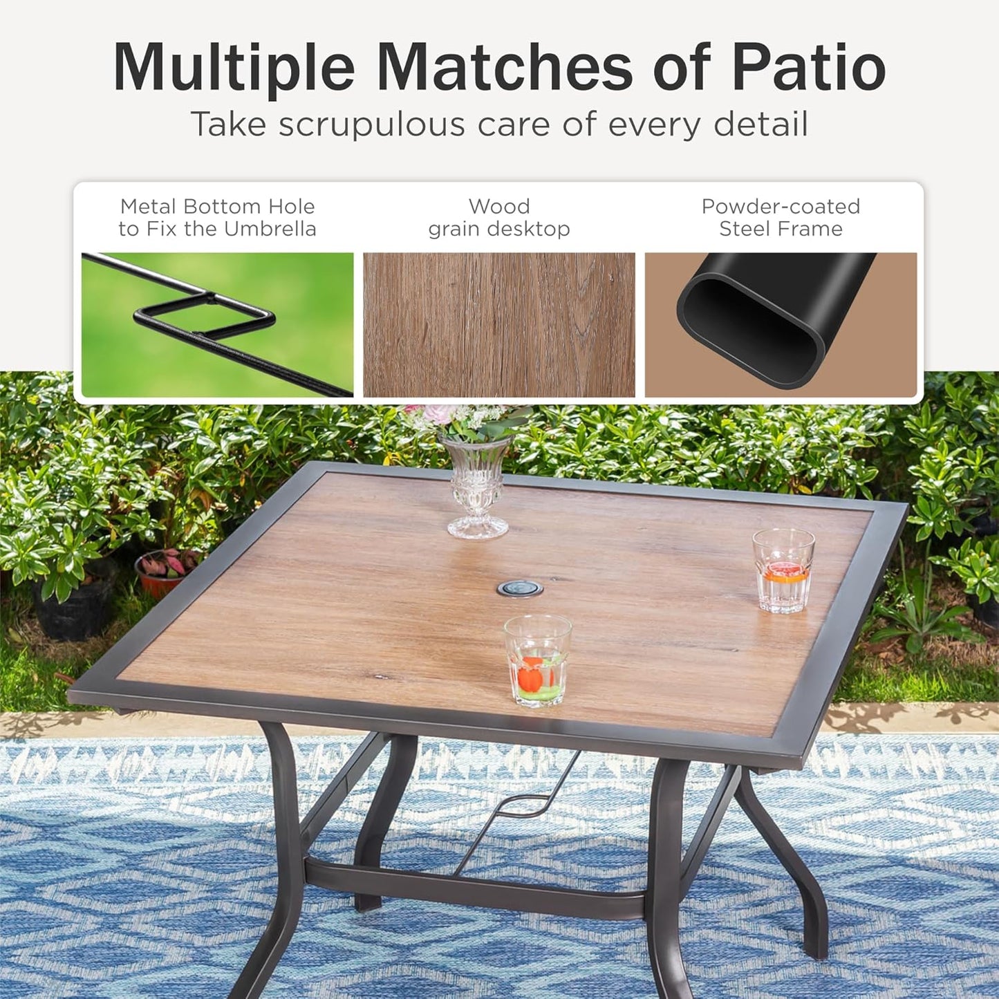 PHI VILLA 37" x 37" Patio Dining Table Outdoor Dining Furniture Umbrella Table with 1.57" Umbrella Hole, Steel Frame with Premium PVC Table Top for Patio, Lawn Garden