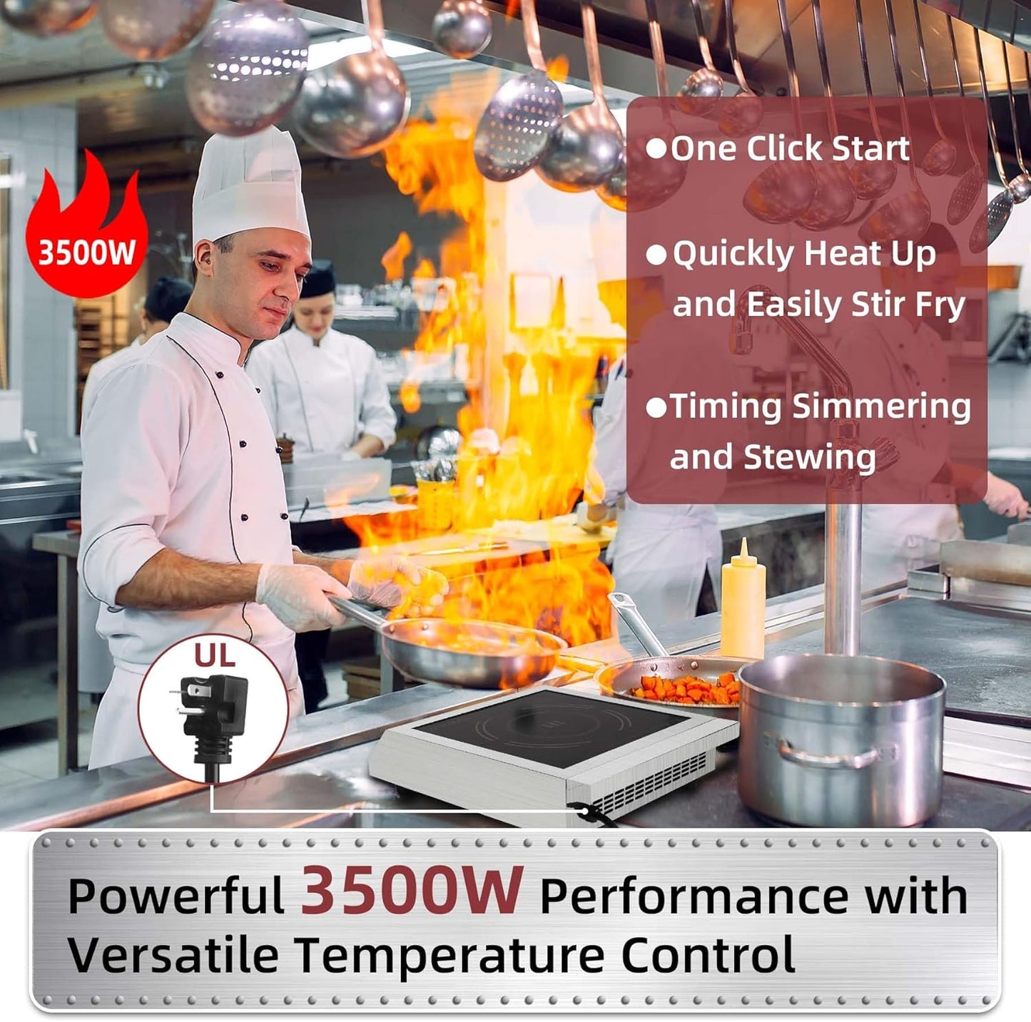 Induction Cooktop 208-240V 3500W Commercial Range Induction Burner Dual IGBT Modules 8 Heating Level Sensor Push-Button Premium Stainless Steel Housing Crystal Glass Electric Cooktop（Red）