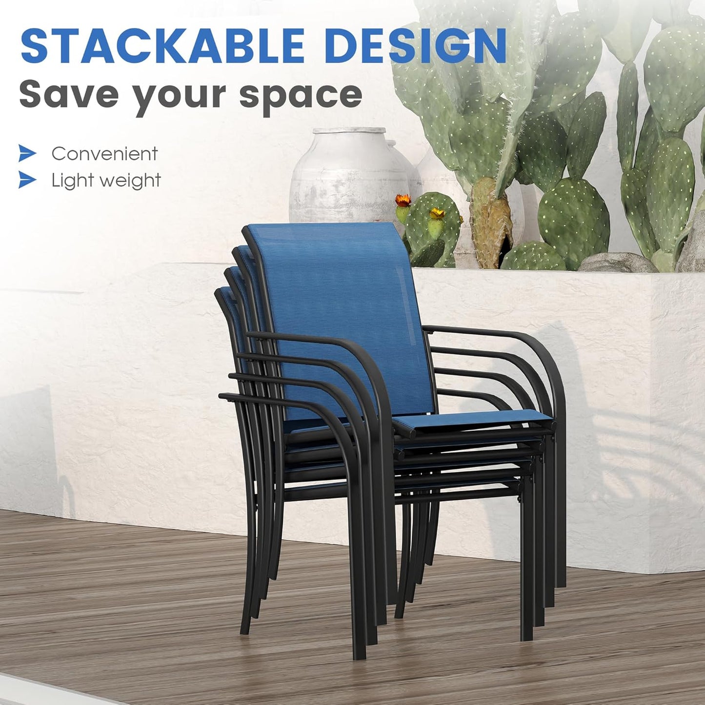 VICLLAX 5 Pieces Patio Dining Set for 4, Outdoor Furniture Set Includes 37.8" Square Outdoor Table and 4 Stackable Patio Sling Chairs, Black Tabletop and Blue Fabric
