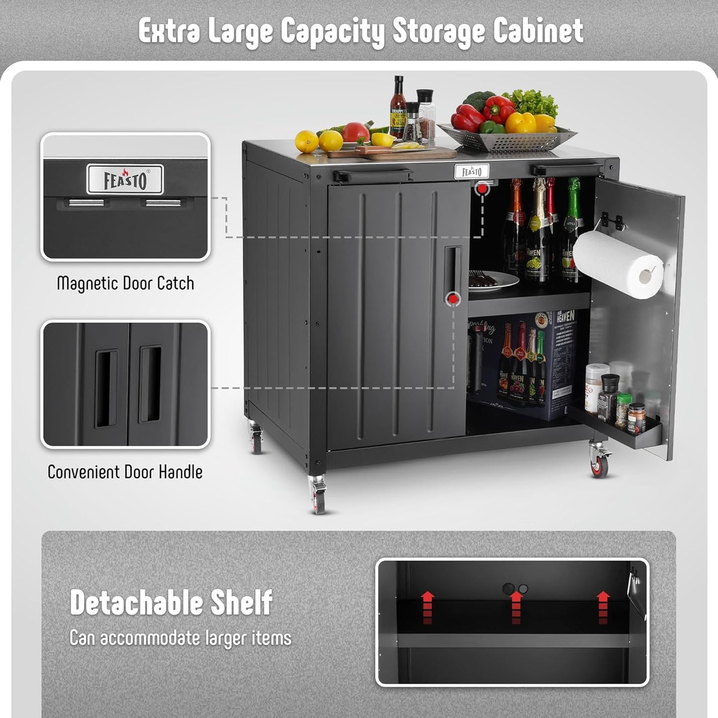 Grill Table, Outdoor Bar Cart Grill Cart with Storage Cabinet,Modular Outdoor Kitchen Island, Outdoor Grill Station with 304 Stainless Steel Top,Pizza Oven Table for Lawn & Garden,L35.4” x W24”