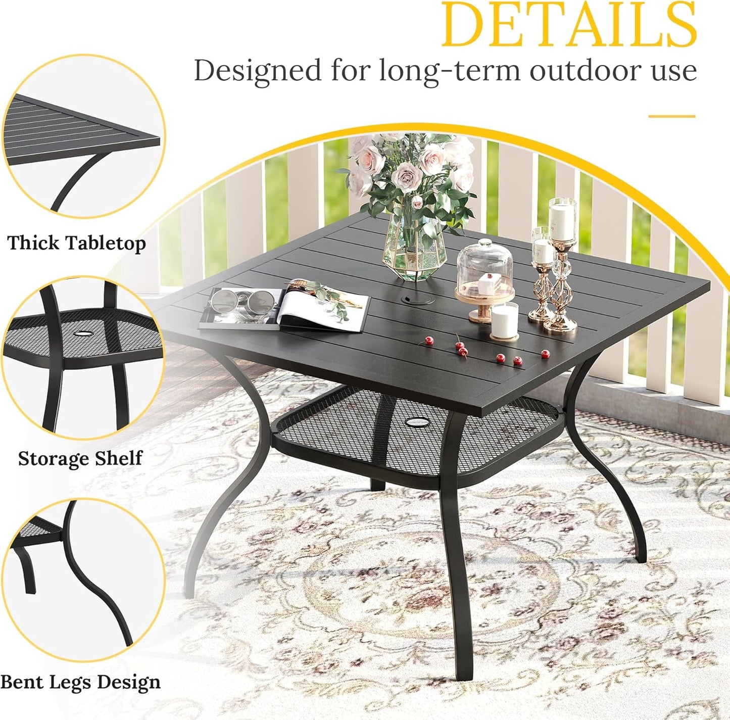 VICLLAX 5 Pieces Patio Dining Set, Outdoor Furniture Set Includes 1 Square Outdoor Table and 4 Stackable Patio Sling Chairs, Black Tabletop and Brown Fabric