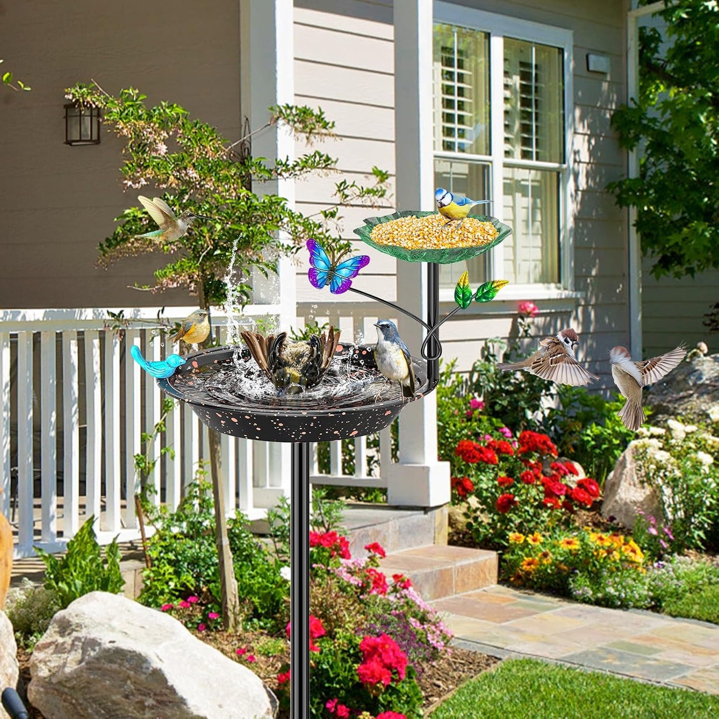 Metal Bird Bath for Outside Garden Birdbath Bowl, Freestanding Bird Feeders for Outdoors with 5 Prongs Base Stake, Standing Birdfeeders Birdbath Bowl for Yard Decor (2-in-1)