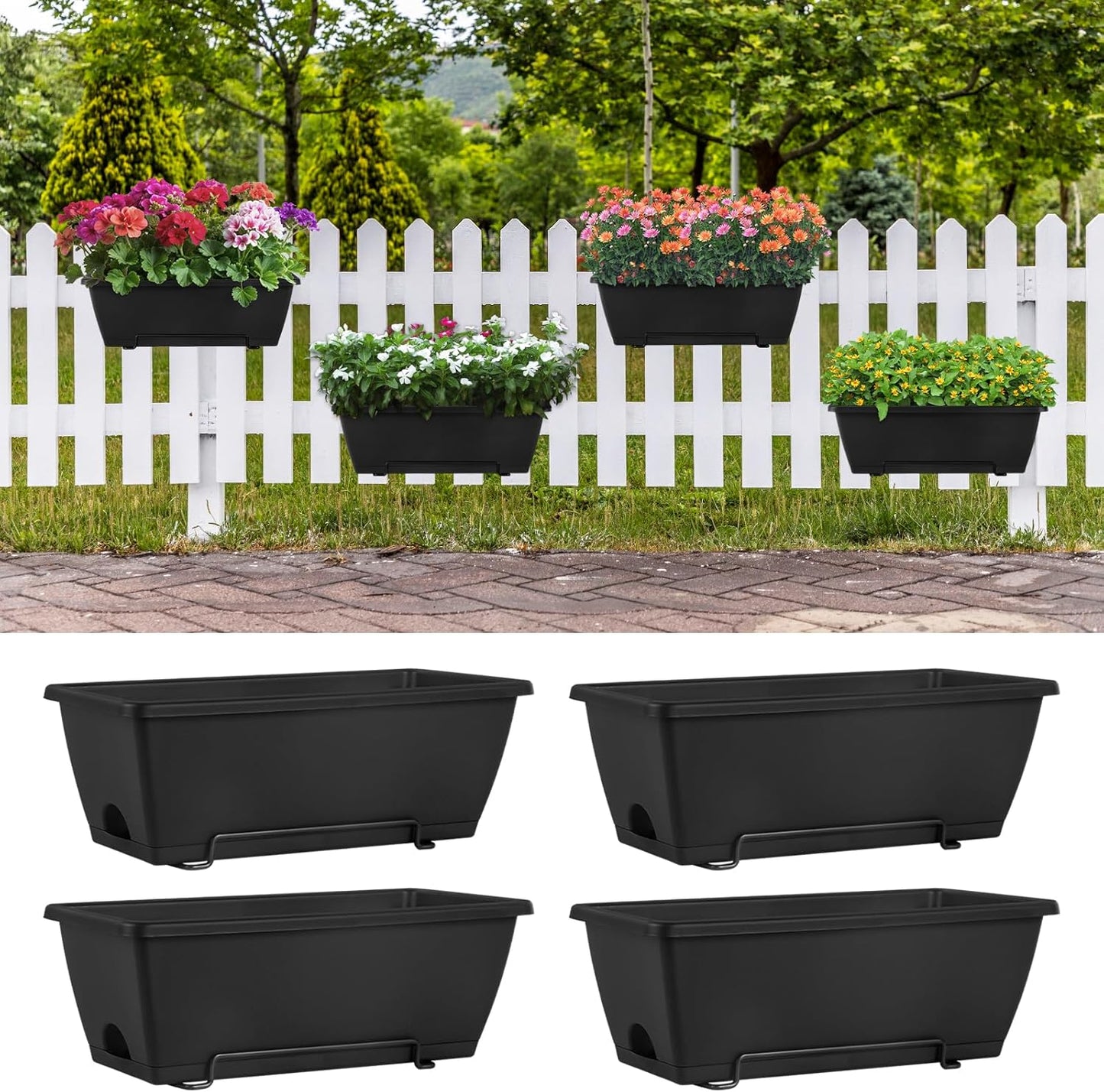 HAITRAL Hanging Planters for Outdoor Plants,Deck Railing Planter Boxes Countryside Style Window Boxes Planters, Balcony Flower Pots Plastic Railing Planter with Metal Brackets for Fence,Black 4 Pcs