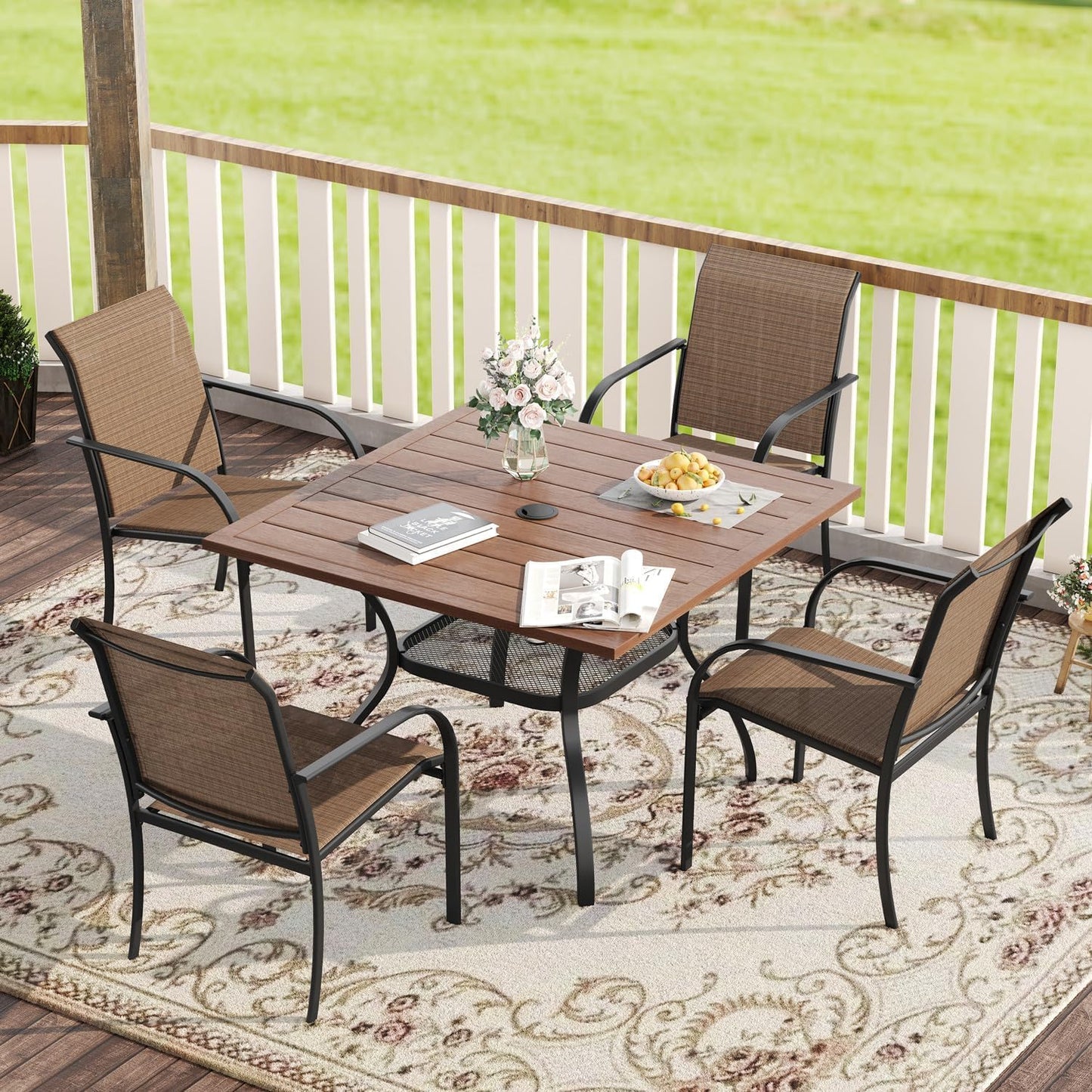 VICLLAX 5 Pieces Patio Dining Set, Outdoor Furniture Set Includes 37.8" Square Outdoor Table and 4 Stackable Patio Sling Chairs, Walnut Tabletop and Brown Fabric