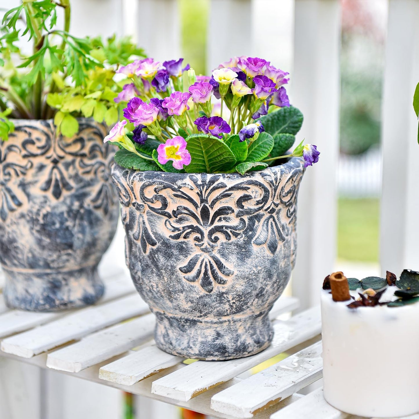 Sungmor 6.1 Inch Cement Plant Pot for Plants, Succulent Planter with Embossed Design, Vintage Concrete Flowerpots with Drainage Hole, Decorative Orchid Houseplant Pot Indoor Outdoor Plant Container