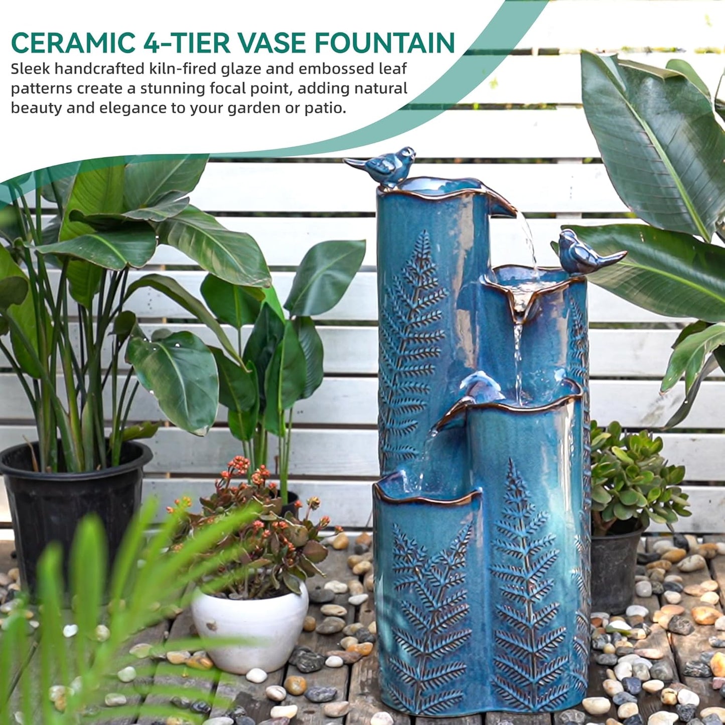 32" Tall Outdoor Fountain, Ceramic Vase Water Fountain withs Lights, 4-Tier Waterfalls with Birds, Tranquil Oasis for Garden Patio Yard Deck Balcony Decor, Tropical Fern, Turquoise Glaze