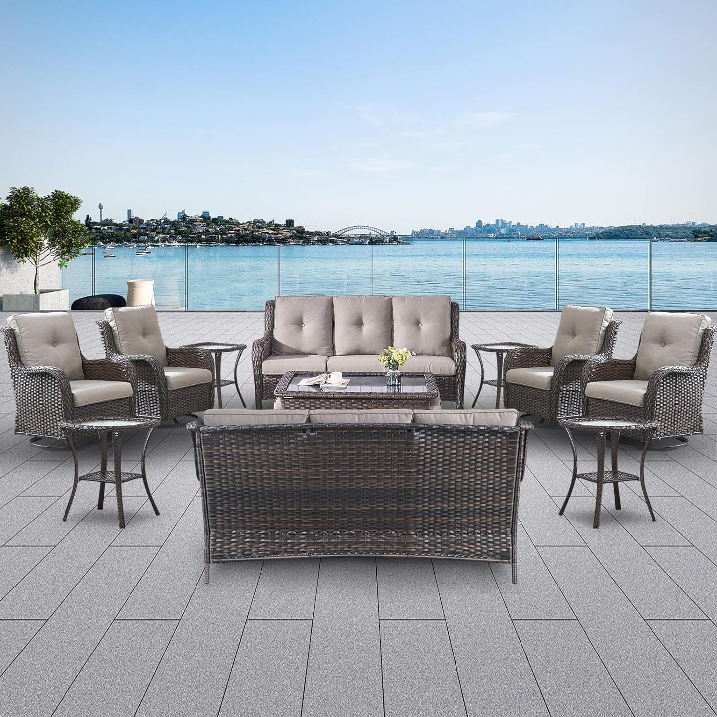 Wicker Patio Furniture Sets - 13 Piece Outdoor Rattan Furniture Conversation Sets with 4 Swivel Rocker Chairs, 2 Rattan Sofas, Wicker Ottomans and Coffee Table, Brown/Grey