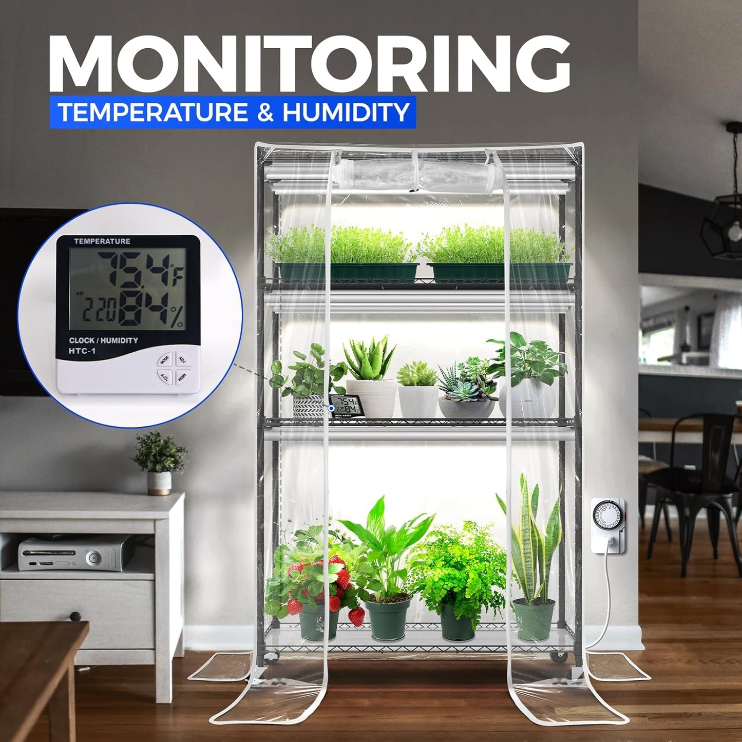 Barrina Mini Greenhouse with LED Grow Light for Indoor Plant, 4-Tier Portable Metal Plant Stand with Wheels, Plant Shelf with Tent, 6Pcs Plant Light with Timer and Thermo-Hygrometer, 35.4x13.8x59IN