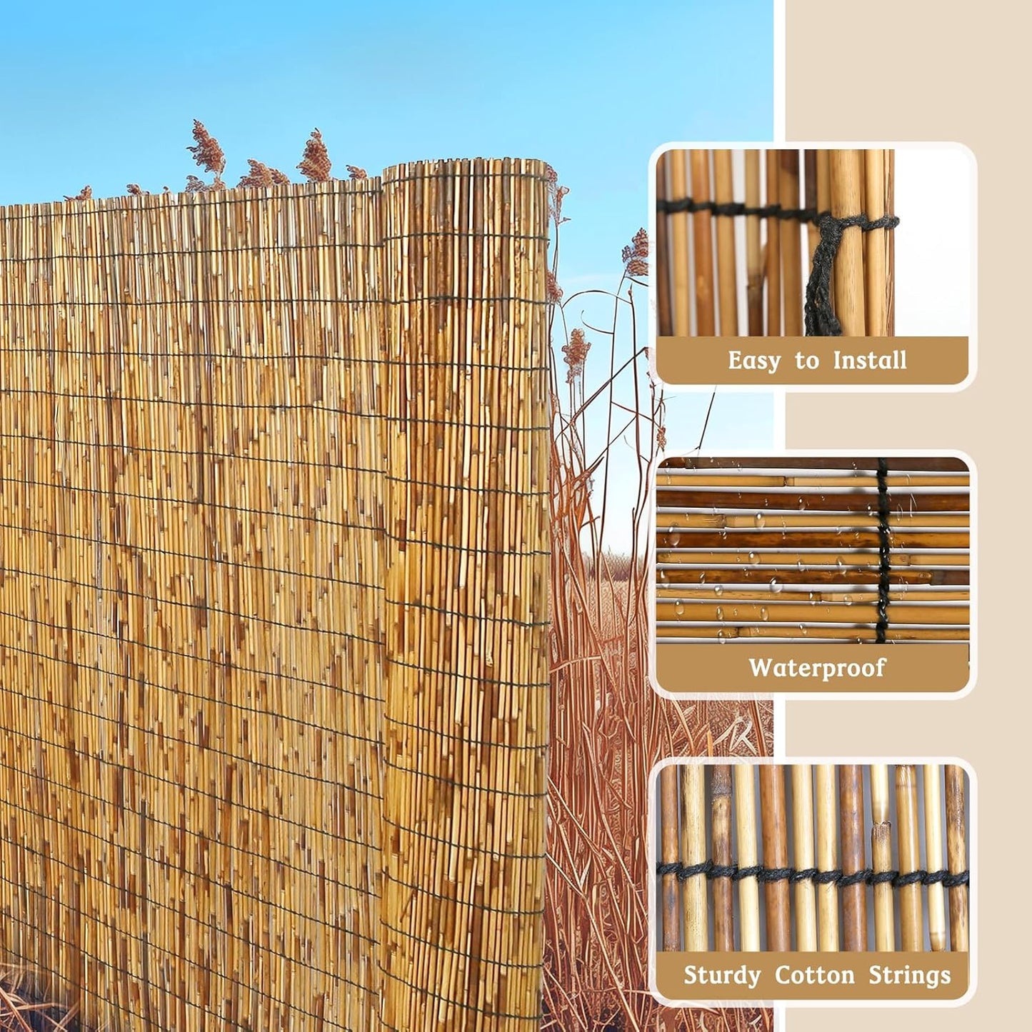 Natural Reed Fencing, Eco-Friendly Reed Fence, 5 feet High x 16.44 feet Long, Reed Screen for Backyard Patio Garden and More,Brown