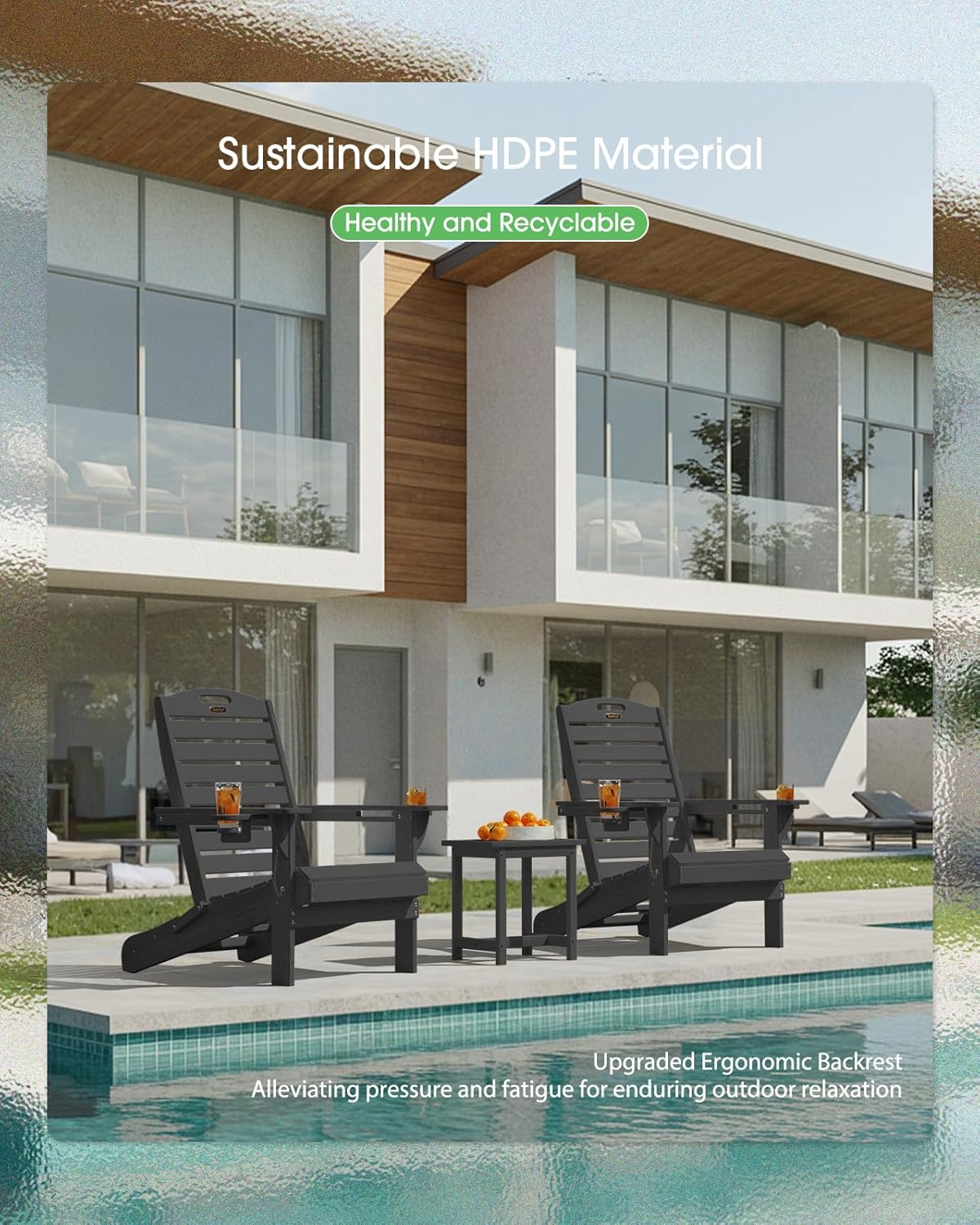 Adirondack Chairs Set of 6, Outdoor Fire Pit Chairs, HDPE All-Weather Adirondack Chairs with Cup Holder, Lawn Chair for Deck, Patio, Garden (Black)