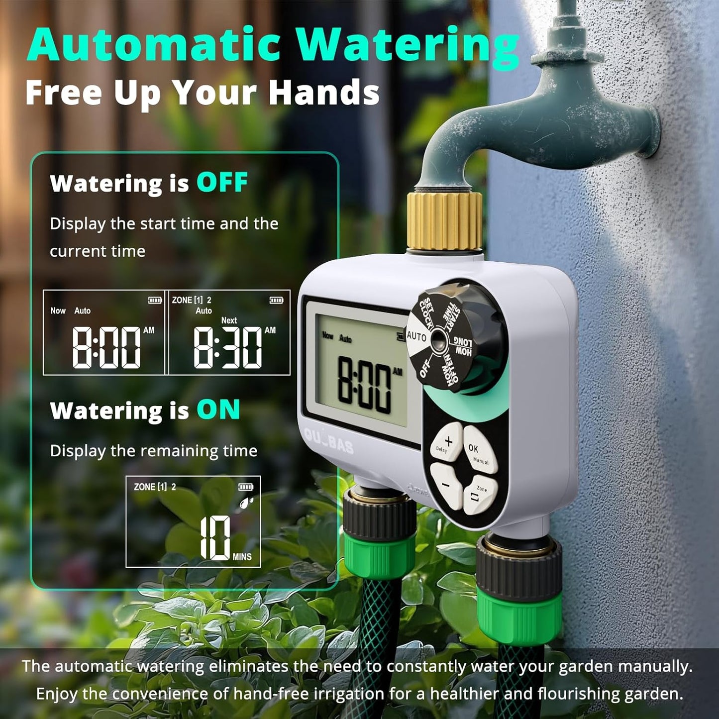 [2 Pack] QUOBAS 2 Zone Water Timer for Garden Hose, Automatic Sprinkler Timer with Dual Outlets, Heavy Duty Brass Fittings, Leak-Free, Programmable, for Lawn Watering and Drip Irrigation System