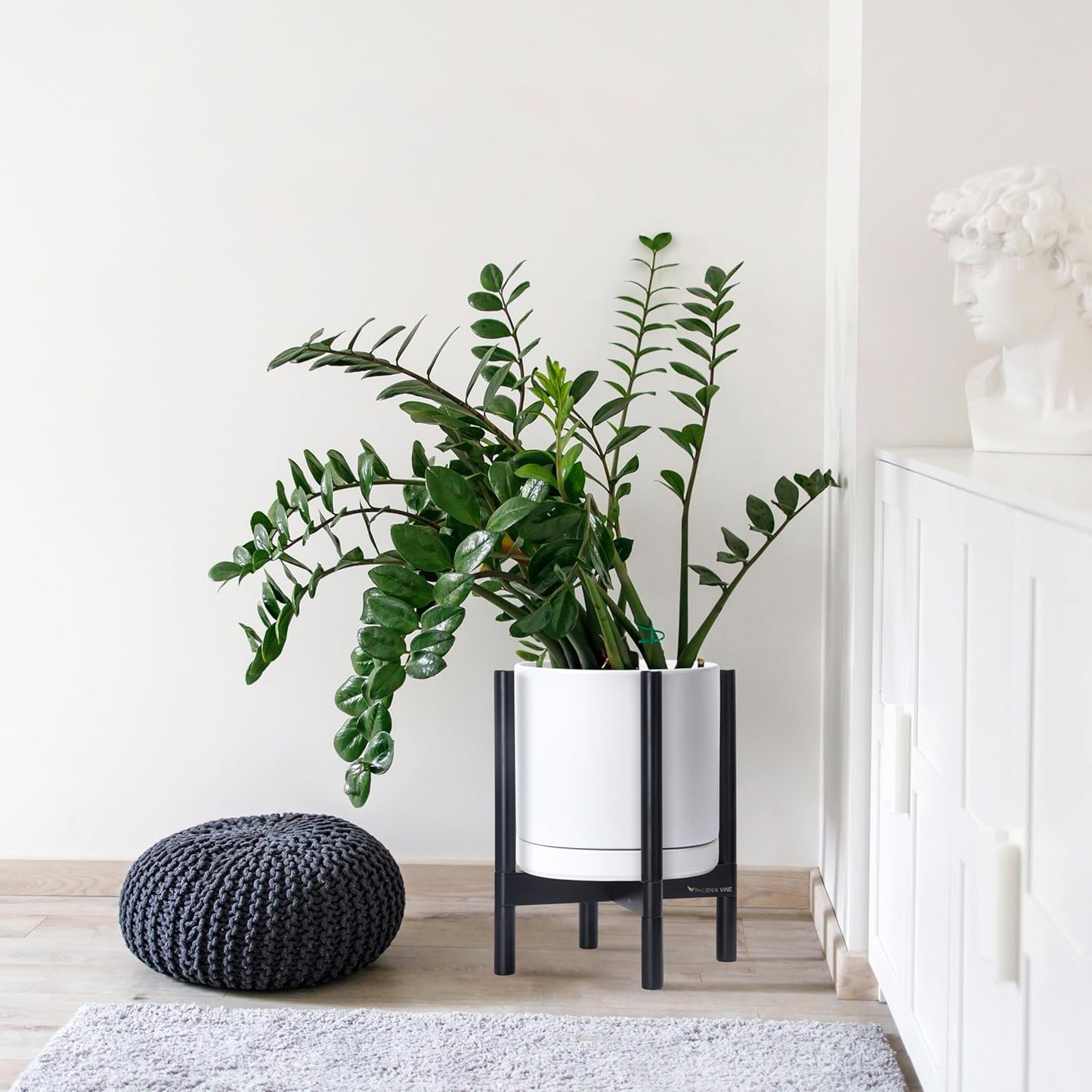 D'vine Dev Ceramic Planter with Ebony Stand - 12 Inch Modern Round Flower Pot with Wood Planter Holder, White, 55-B-H-1