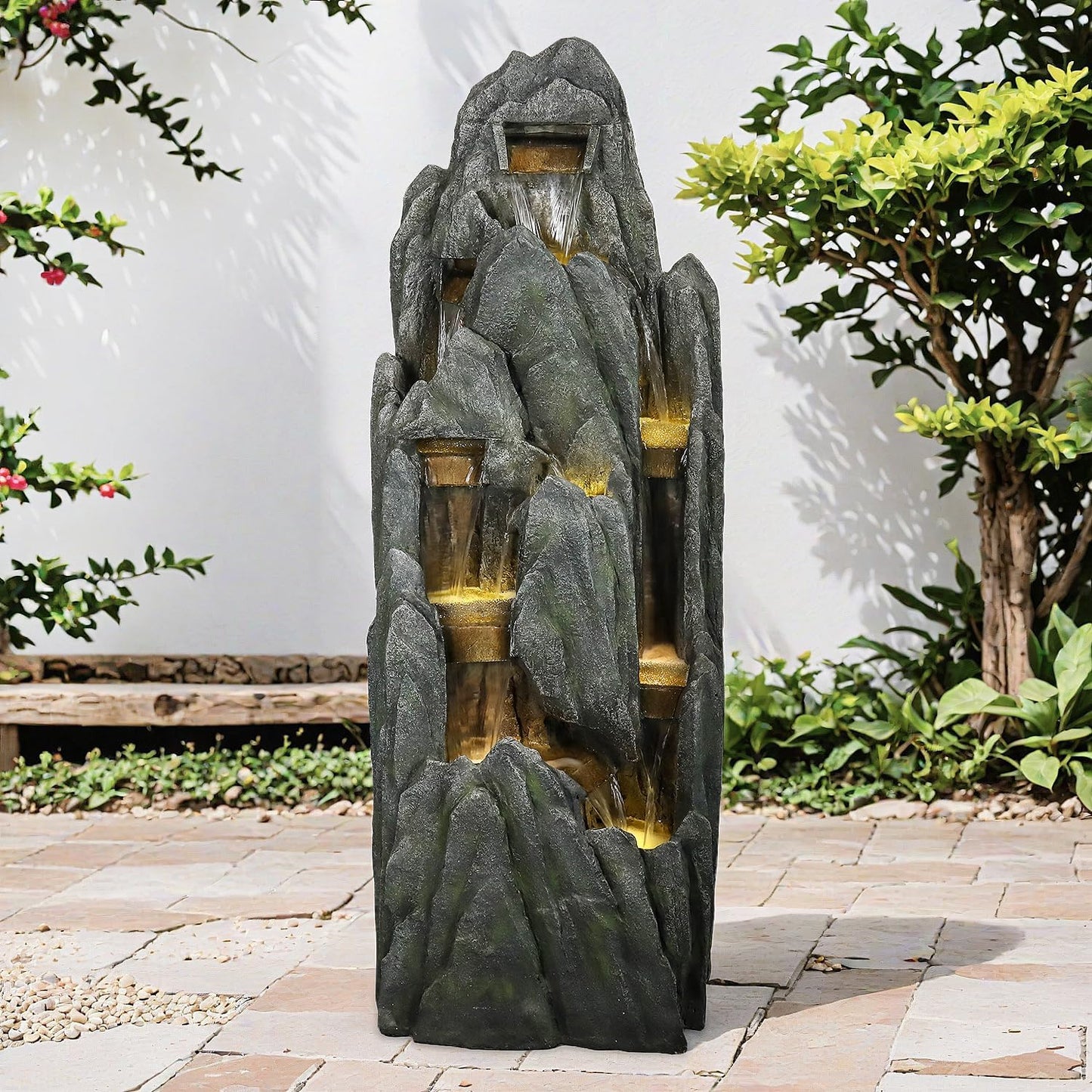 SunJet Outdoor Rockery Water Fountain with LED Lights - 51" Tall Resin Cascading Fountains and Waterfalls Feature for Patio, Yard, Garden Decor, Featuring Realistic Natural Stone Look