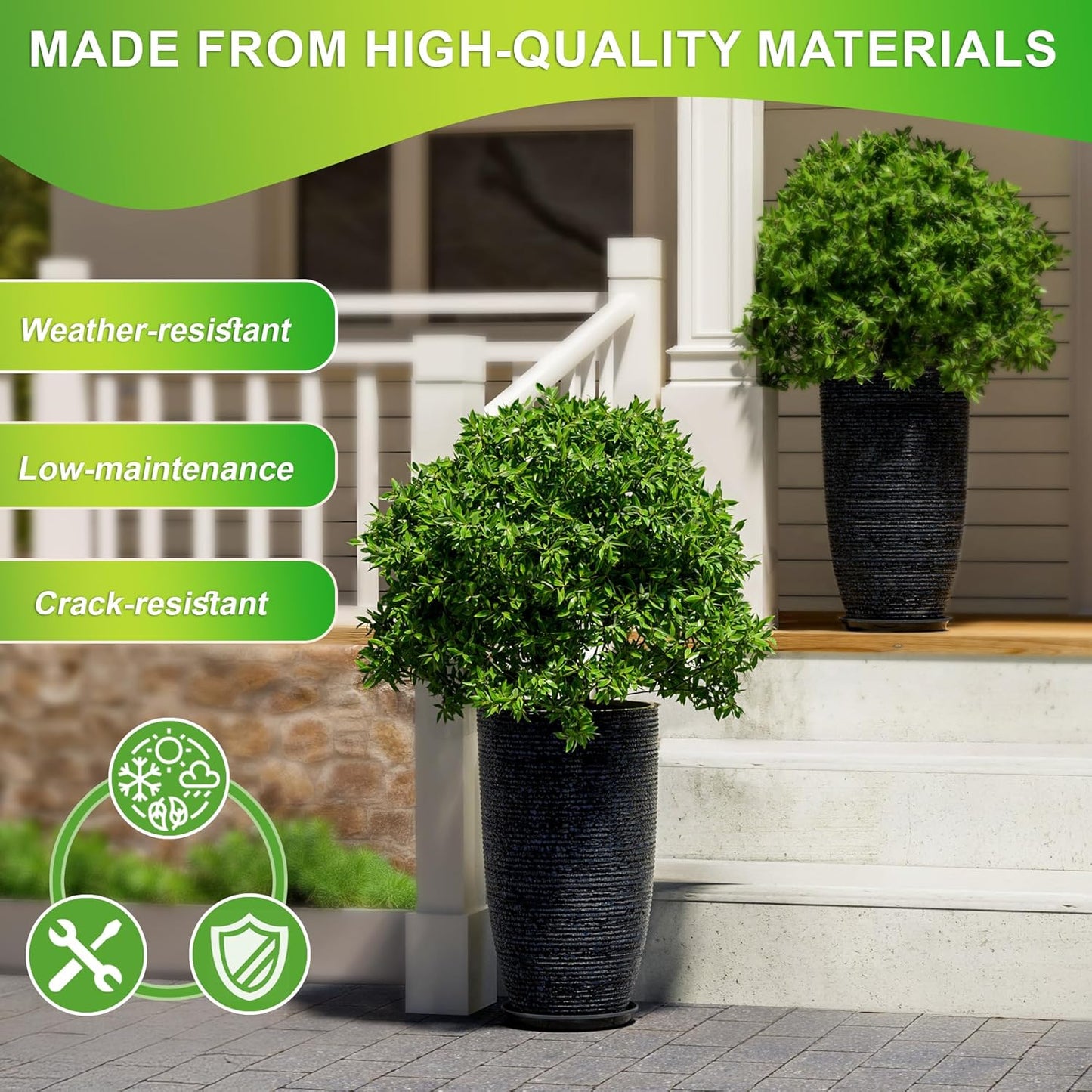 QCQHDU Large Tall Blue Planters with Saucer - 9 Gallon 12" Diameter x 21" H Faux Stone Round Pots for Indoor Plants, Outdoor Patio & Porch Decor, Heavy Duty Weatherproof Plant Containers