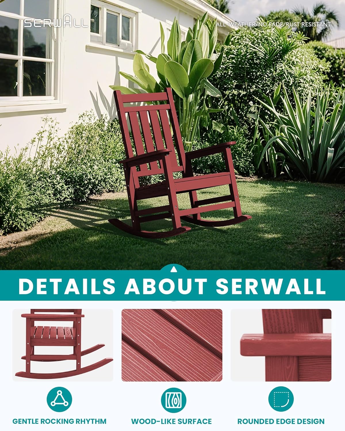 SERWALL HDPE Outdoor Rocking Chair Set of 6, Patio Rocking Chairs for Adults, All Weather Outdoor Rockers for Lawn, Crimson Red