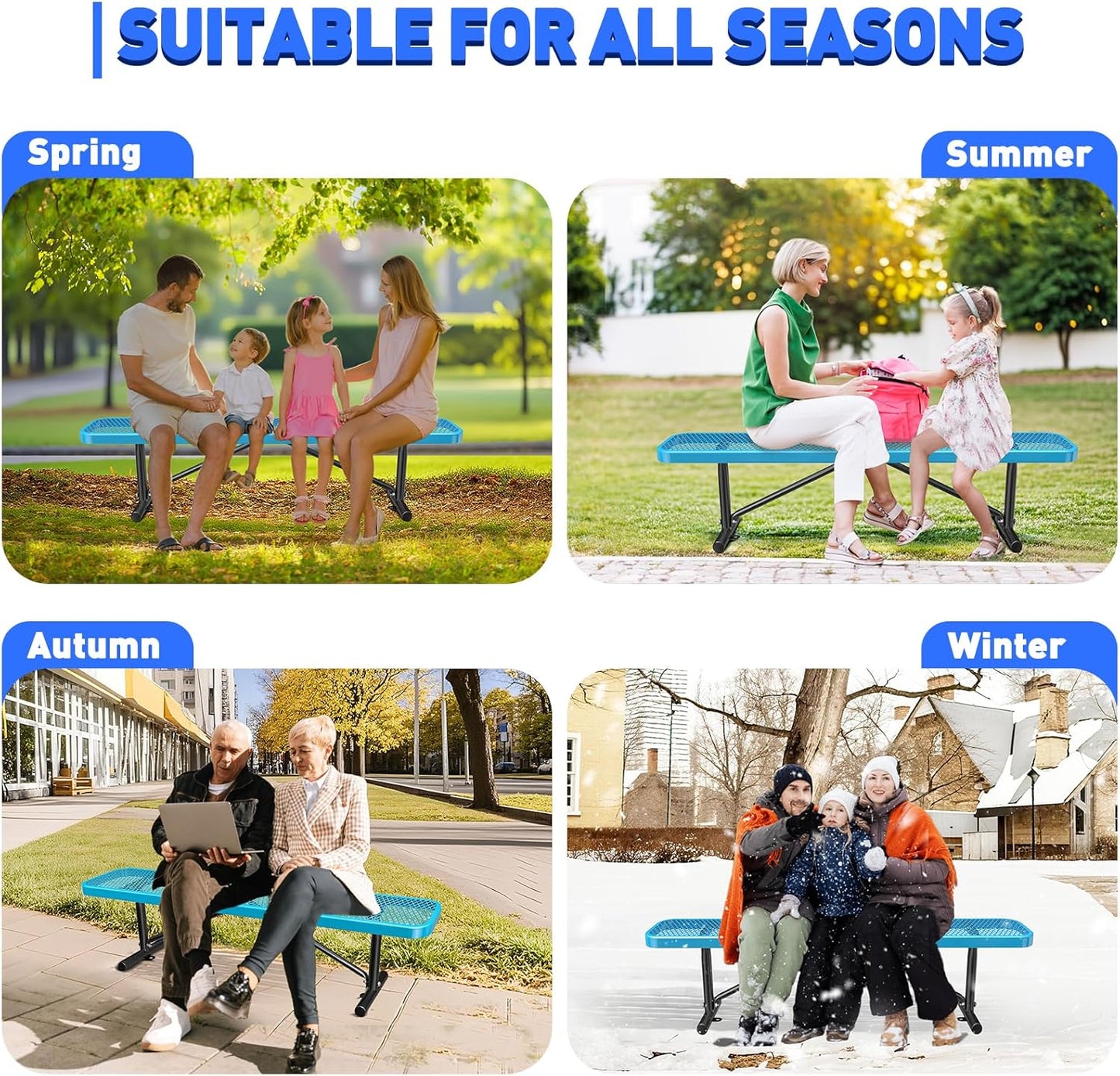 Thermoplastic Coated Iron Park Bench for Outside, Heavy Duty Metal Garden Bench, Expanded Commercial Grade Seating for Shopping Malls, Lawn Yard Porch Entryway (Blue Without Backrest, 48IN)