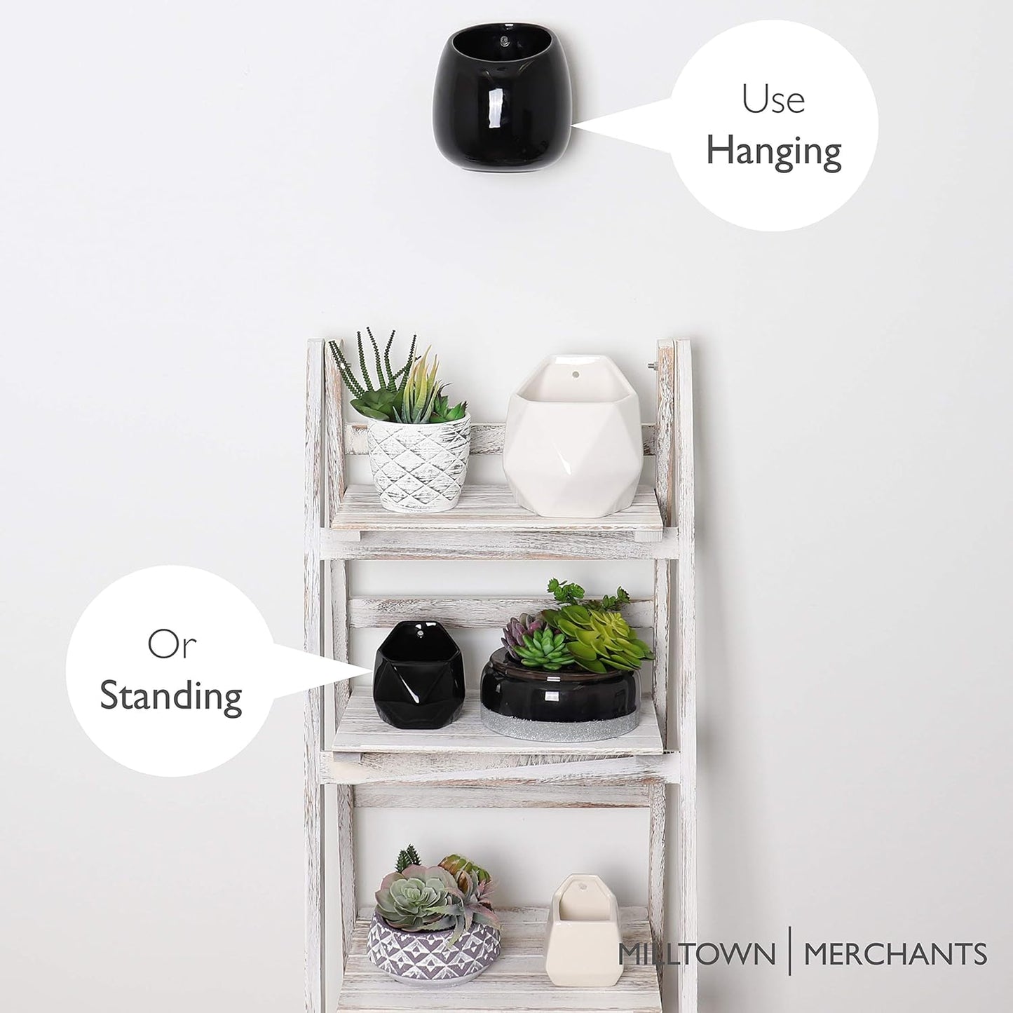 Milltown Merchants Succulent Planters - Wall Vases - White Ceramic Mounted Pots - Succulent Pots, Hanging Vases for Living Wall (1 Pack/Modern/Black)