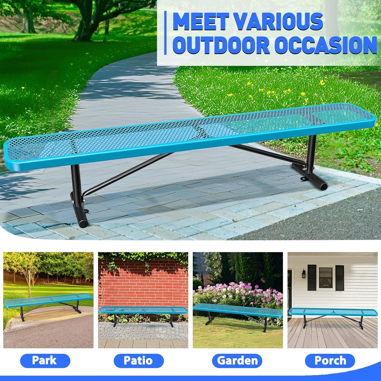 Thermoplastic Coated Iron Park Bench for Outside, Heavy Duty Metal Garden Bench, Expanded Commercial Grade Seating for Shopping Malls, Lawn Yard Porch Entryway (Blue Without Backrest, 96IN)