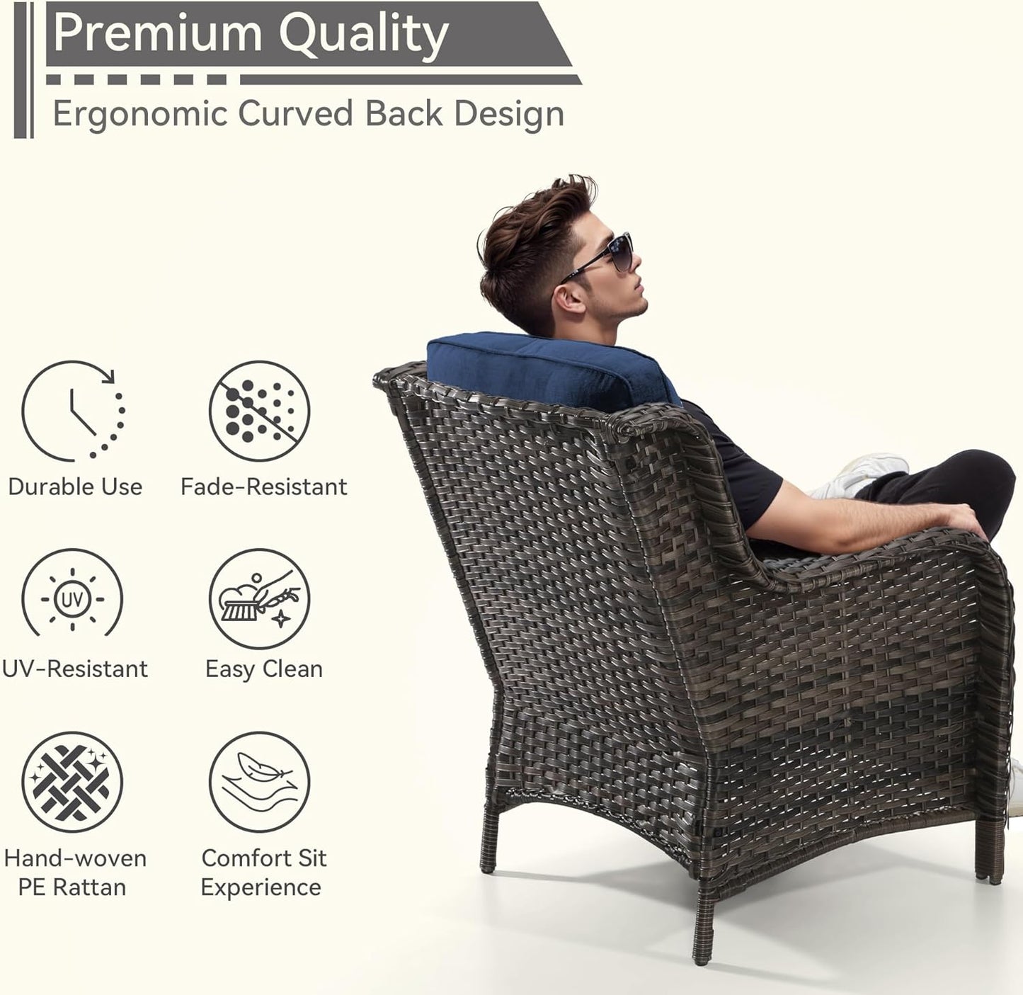 5 Pieces Patio Conversation Set, Wicker Chairs Set of 2 and Two Ottomans with 3.5-inch Seat Cushions, 1 Side Table High Back and Curved Armrest for Backyard, Balcony and Deck, Blue