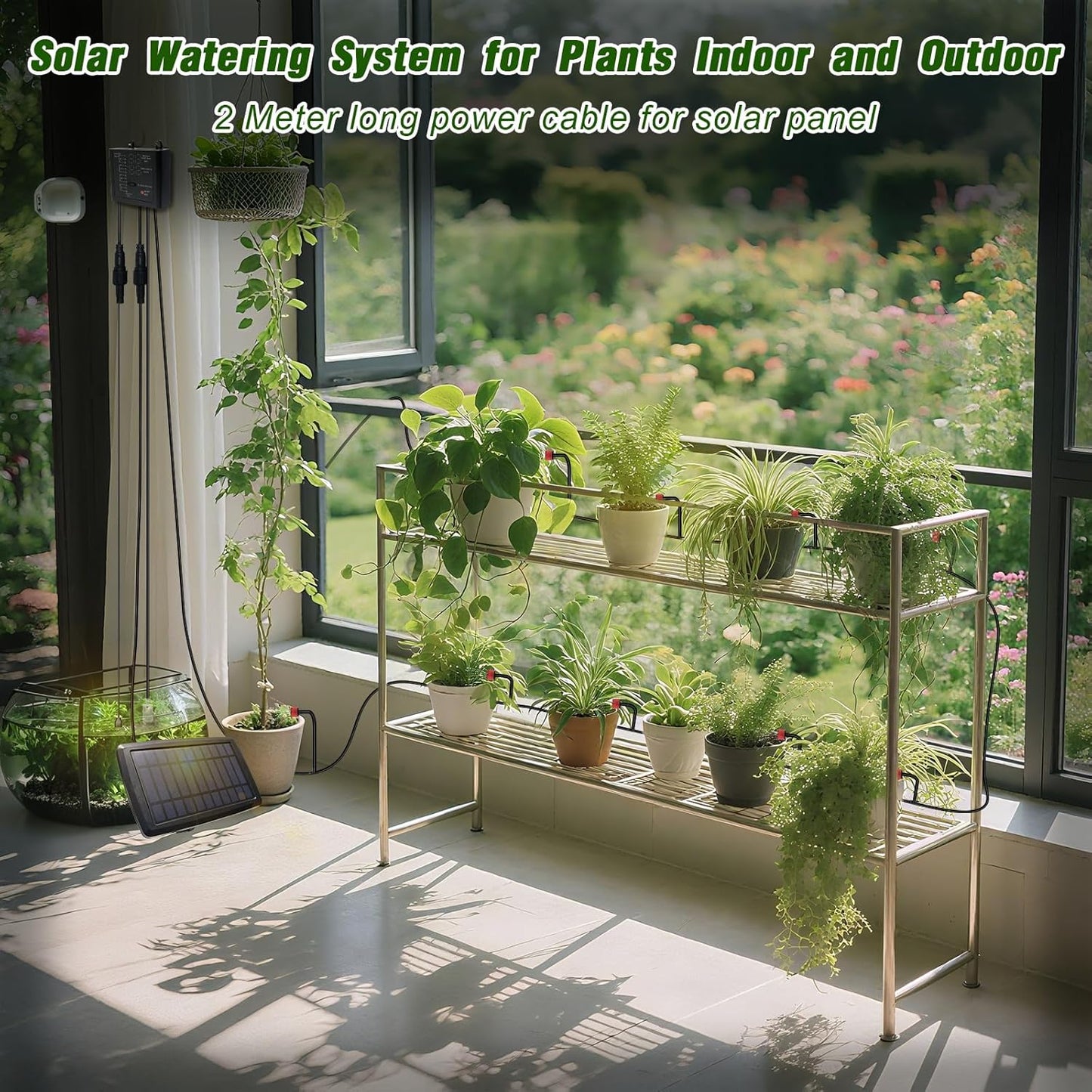 Solar Drip Irrigation System for Garden, Automatic Drip Irrigation Kits,Plants Self Watering Devices for Vacation,Solar/Battery Powered Water Pump for Potted Plants,Raised Beds,Greenhouse (15 Pots)