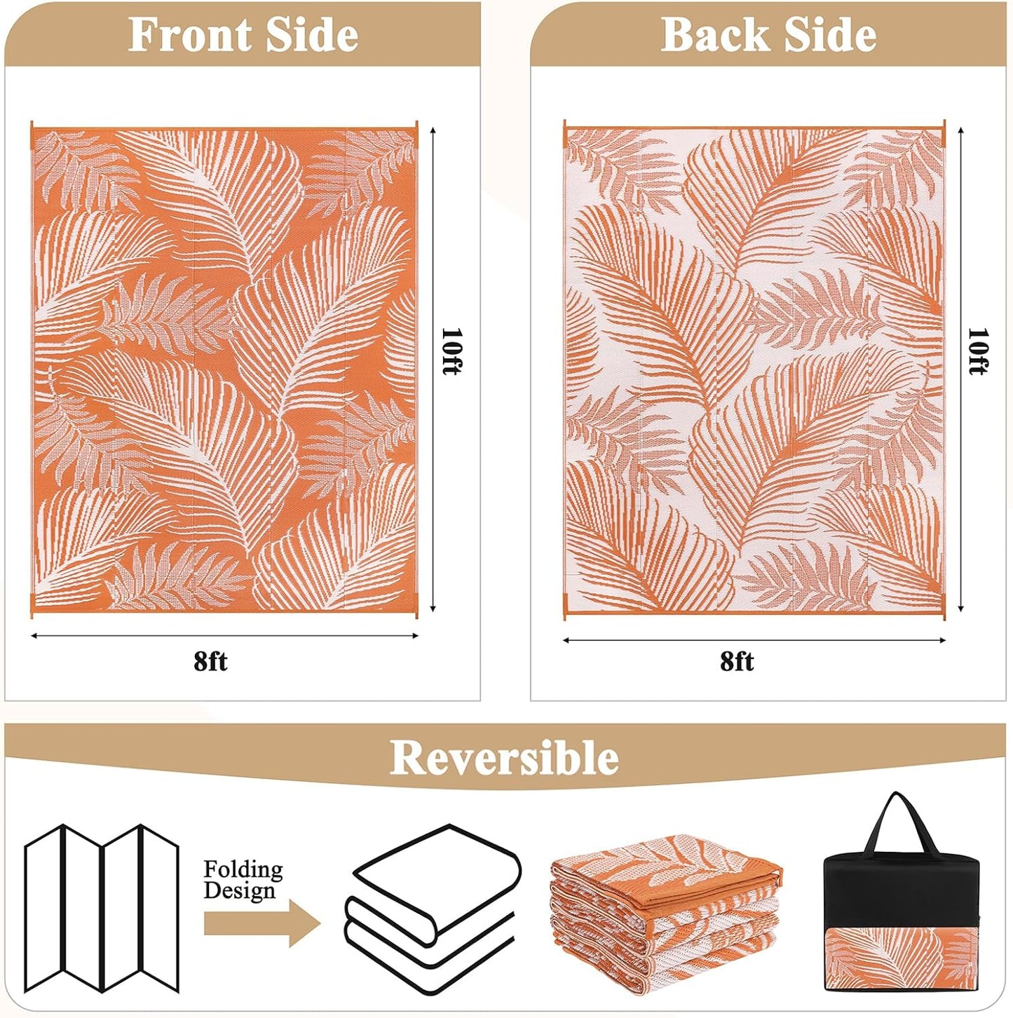 Pauwer Waterproof Outdoor Rug 8x10, Reversible Plastic Straw Patio Camping Rug, Indoor Outdoor RV Mat Carpet for Deck, Camper, Porch, Balcony, Backyard, Picnic, Leaf Orange