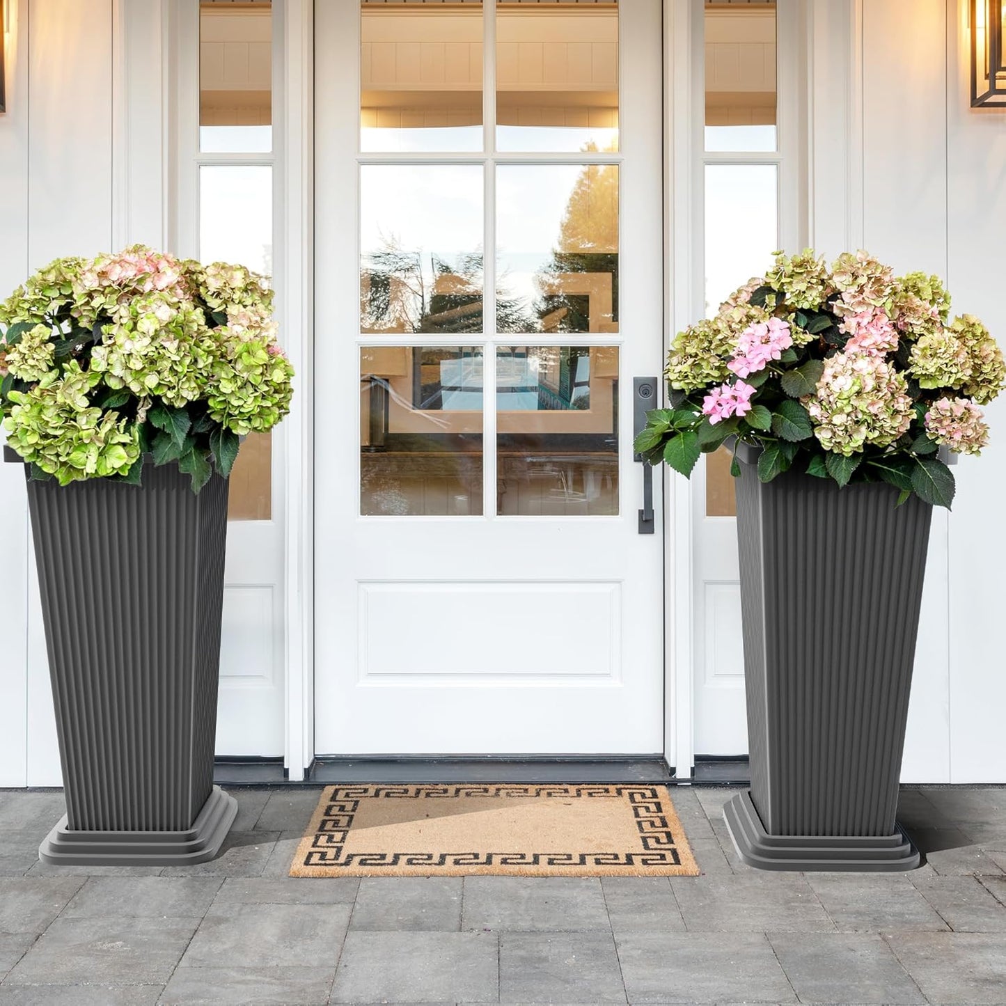 Set of 2 Tall Planters, 24" Large Indoor Outdoor Flower Pots with Tray, Modern Tapered Planters for Porch, Patio, Garden, Backyard